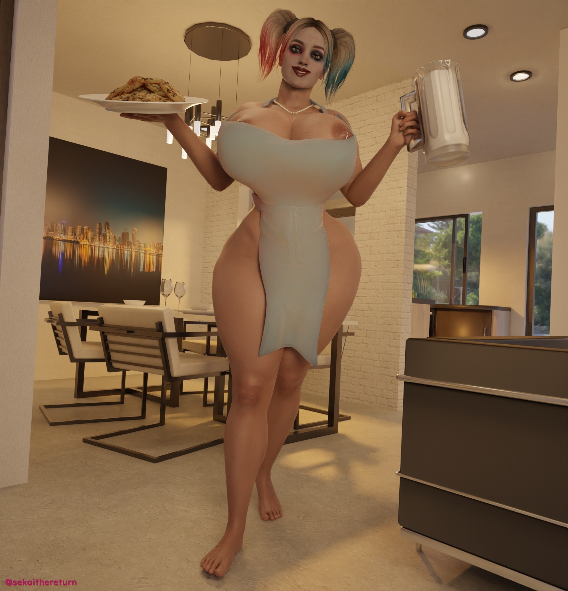 1girls, 3d, 3d (artwork), apron, apron only, areolae, barefoot, barely clothed, batman (series), blonde-haired female, breasts, cookie, curvy figure, dc, dc comics, feet, female, female only, functionally nude, harley quinn, harley quinn (injustice), hourglass figure, huge breasts, indoors, injustice 2, kitchen, lipstick, makeup, milk, multicolored hair, naked apron, necklace, nipples, no underwear, nude, pigtails, plate, sekaithereturn, serving food, smiling, solo, tagme, thick thighs, voluptuous female, wardrobe malfunction, wide hips