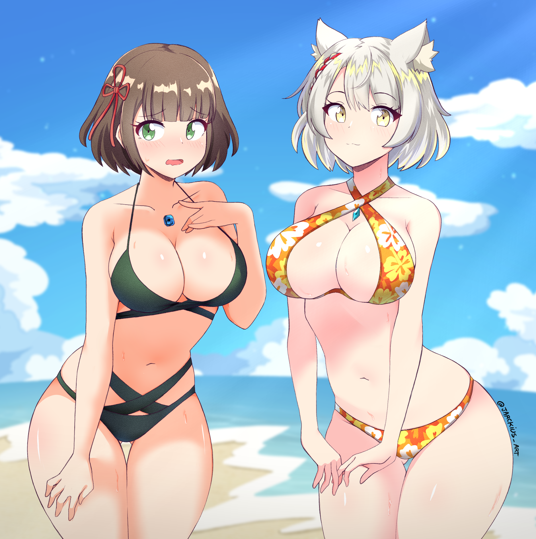 2girls, alternate breast size, beach, bikini, blush, breasts, brown hair, cat ears, cat girl, catgirl, cleavage, core crystal, embarrassed, female, female only, gold eyes, green eyes, hi res, hips, huge breasts, jarckius, light skin, light-skinned female, mio (xenoblade), miyabi (xenoblade), nervous, nintendo, outdoors, revealing clothes, short hair, slim waist, smile, thick thighs, thighs, white hair, wide hips, xenoblade (series), xenoblade chronicles 3