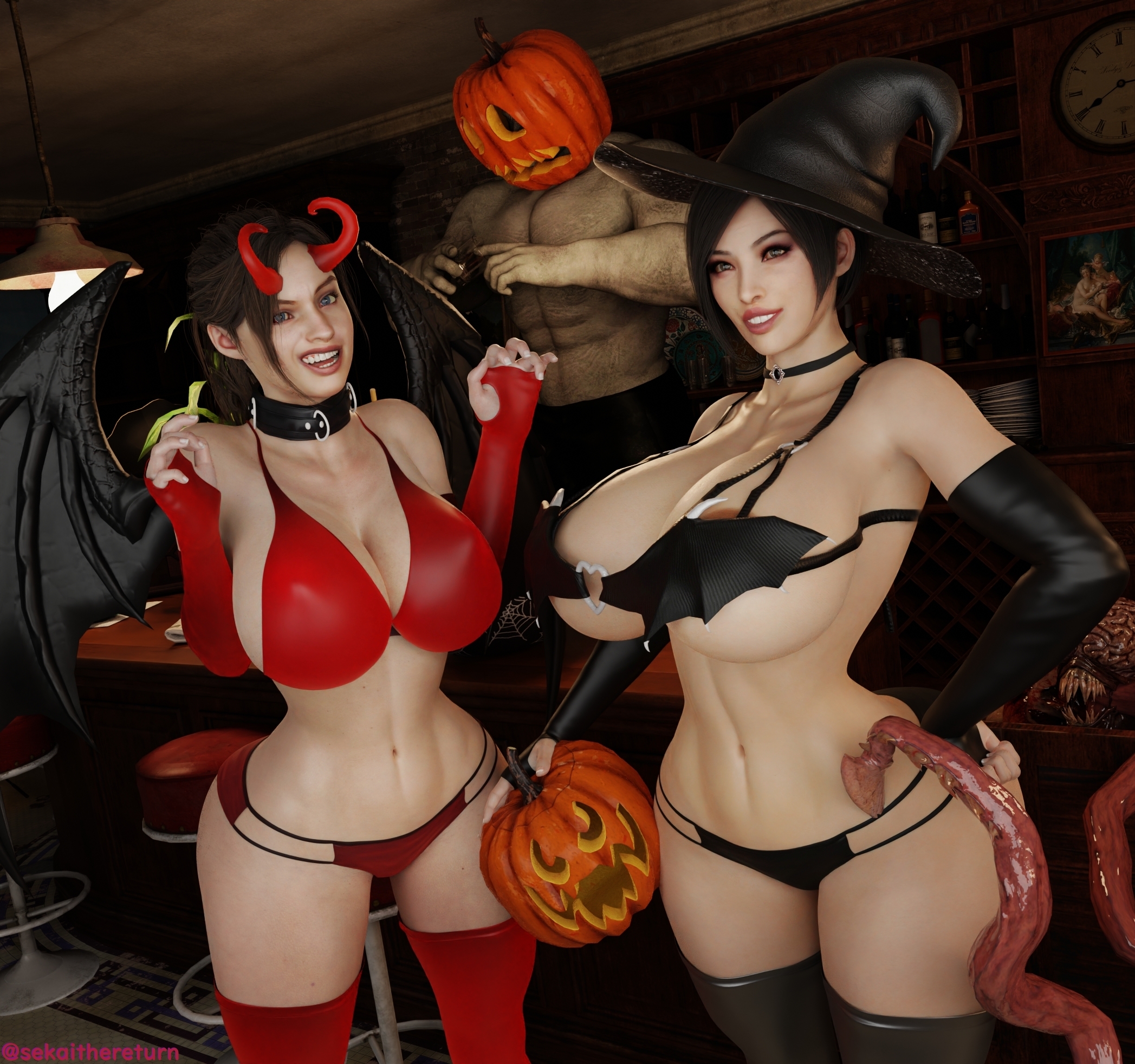2girls, 3d, ada wong, ada wong (adriana), claire redfield, faceless male, female, halloween, horns, male, monster, mr x, pumpkin head, resident evil, resident evil 2, resident evil 2 remake, sekaithereturn, tagme, tentacle, tentacles