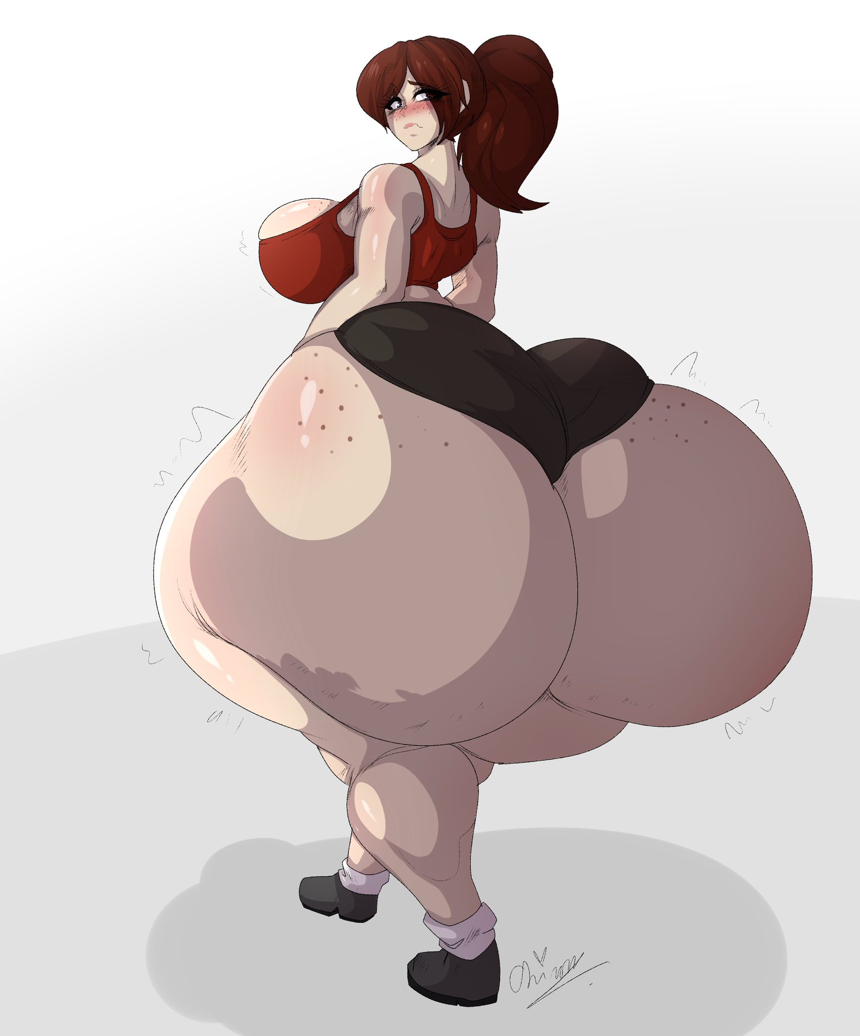 1girls, ass, ass freckles, back view, big ass, big breasts, big butt, breasts, bubble ass, bubble butt, female, freckles, huge ass, huge butt, hyper ass, massive ass, okioppai, short shorts, thick ass, thick thighs