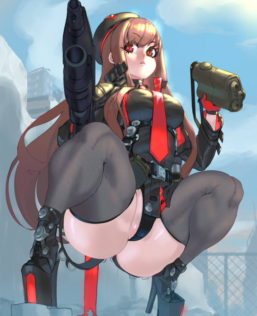 1girls android ass background big_ass brown_hair city_background clothed clothing female female_focus female_only goddess_of_victory:_nikke gun hat high_heels light-skinned_female rapi_(nikke) red_eyes revealing_clothes sky_background soldier solo solo_female solo_focus thick_thighs thighhighs tie ziroko