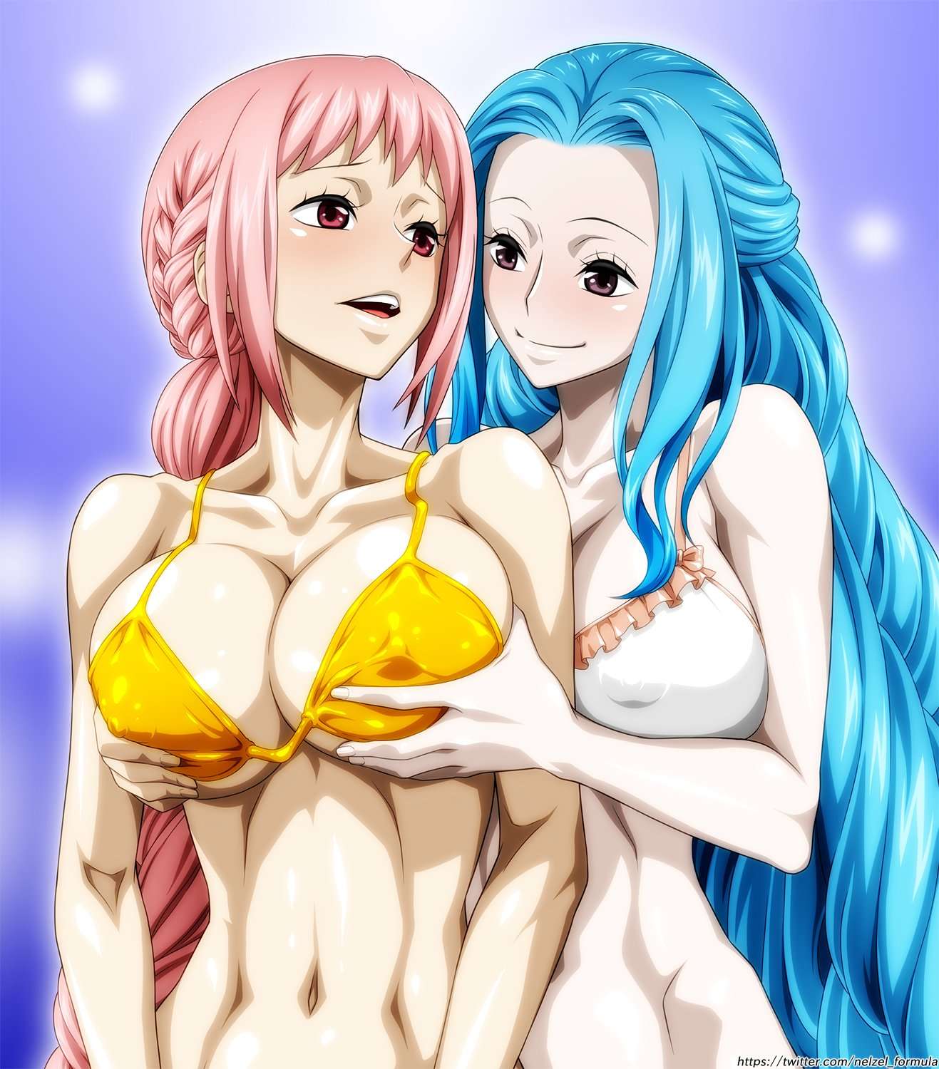 2girls bikini_bra breast_grab female female_only fondling_breast holding_breasts multiple_girls nefertari_vivi nel-zel_formula one_piece princess rebecca_(one_piece) royalty smiling white_bra yellow_bra yuri