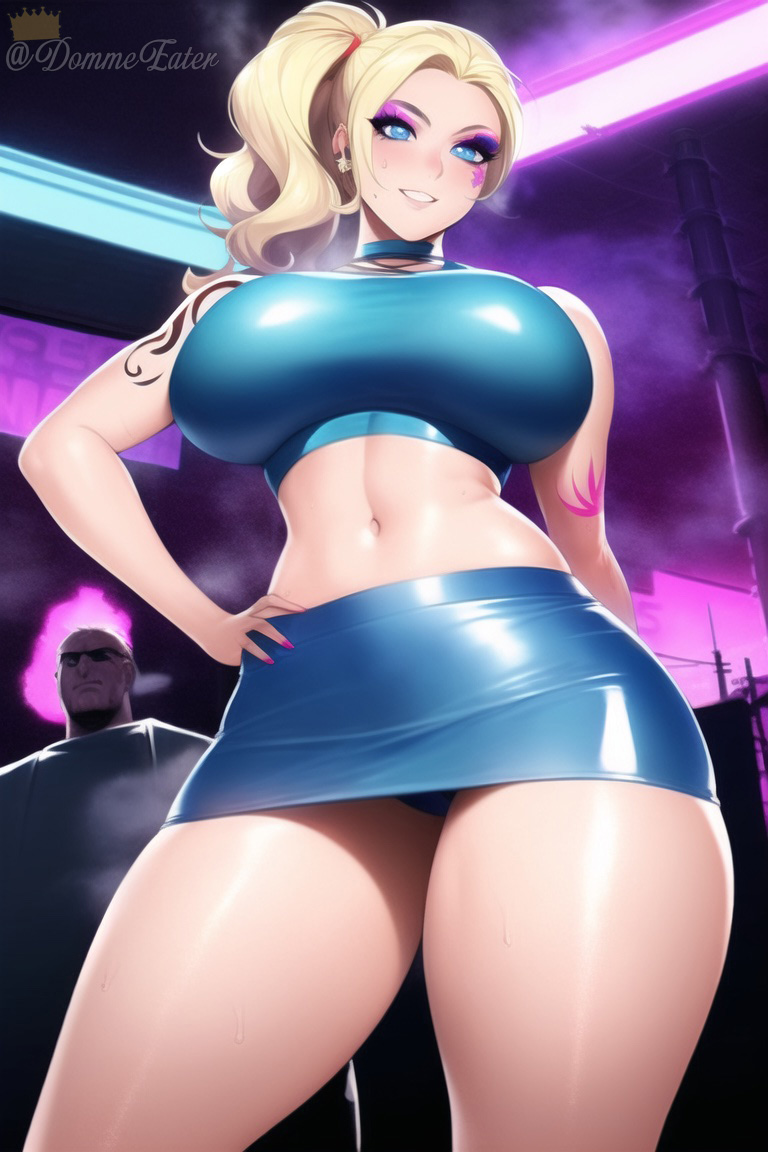 1girls ai_generated artist_self-insert belly belly_button big_breasts blonde_hair blue_eyes breasts busty clothed clothed_female clothes clothing club curvaceous curvy curvy_body curvy_female curvy_figure eyeliner eyeshadow female female_focus grin hips large_breasts latex light-skinned_female light_skin long_hair looking_at_viewer looking_down midriff nai_diffusion navel panties ponytail queen_dee queen_dee_(character) shiny_clothes short_skirt skirt smile smiling smiling_at_viewer smirk smug stable_diffusion sweat sweaty tattoo tattoos thick thick_thighs thighs underwear upskirt voluptuous wide_hips