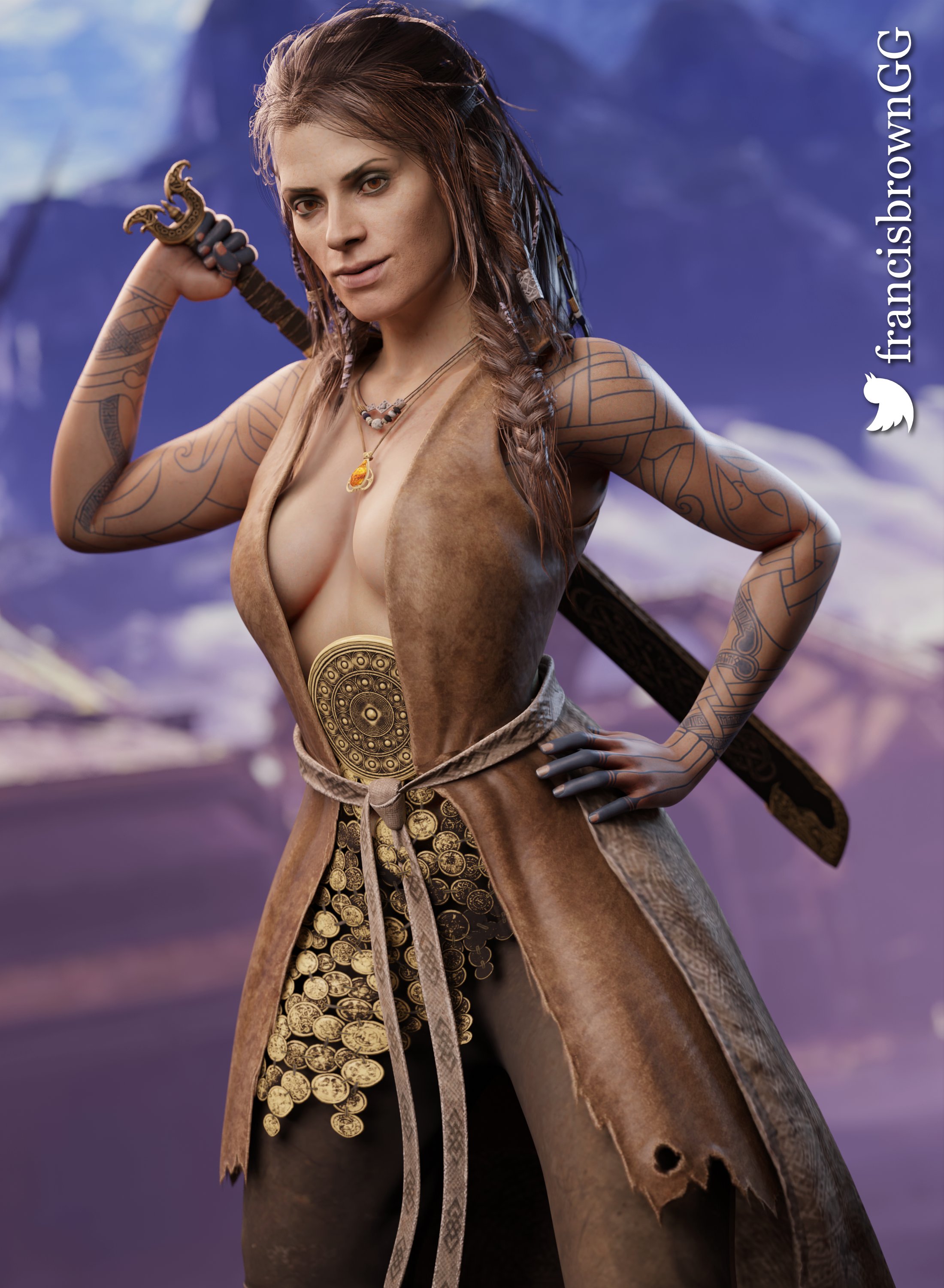 1girls, 3d, 3d (artwork), breasts, brown hair, female, female only, fit, fit female, francis brown, freya (god of war), god of war, god of war ragnarok, goddess, half-dressed, jewelry, long hair, looking at viewer, no bra, nordic, norse mythology, solo, solo female, standing, sword, tattooed arm, tattoos, vanir (norse mythology), witch