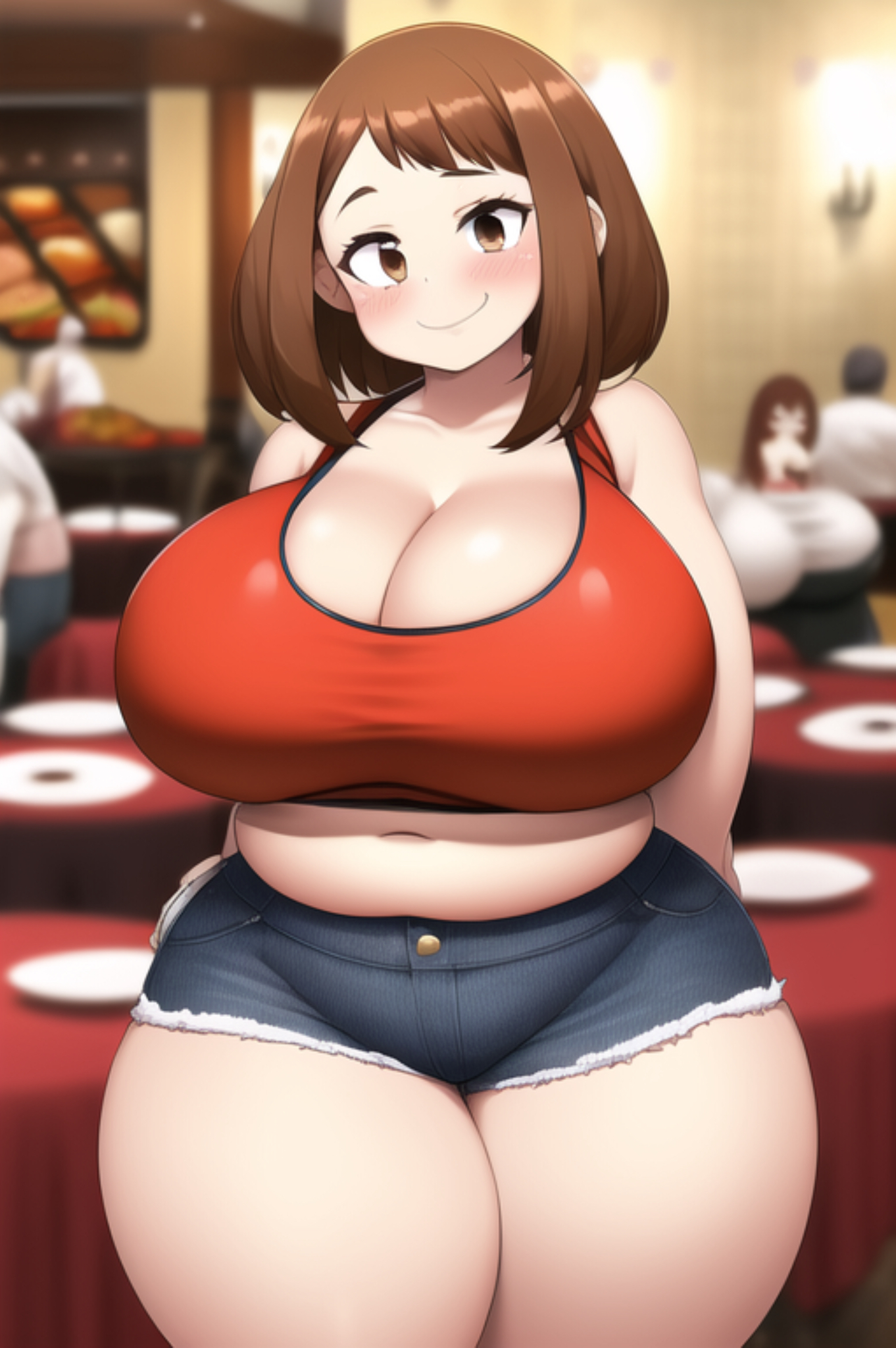 :7, ai generated, breasts, brown eyes, brown hair, chubby, chubby female, crop top, fat, female, huge breasts, jessicabreas, midriff, my hero academia, nai diffusion, ochako uraraka, overweight, overweight female, short shorts, smug, stable diffusion, thick thighs, weight gain, wide hips