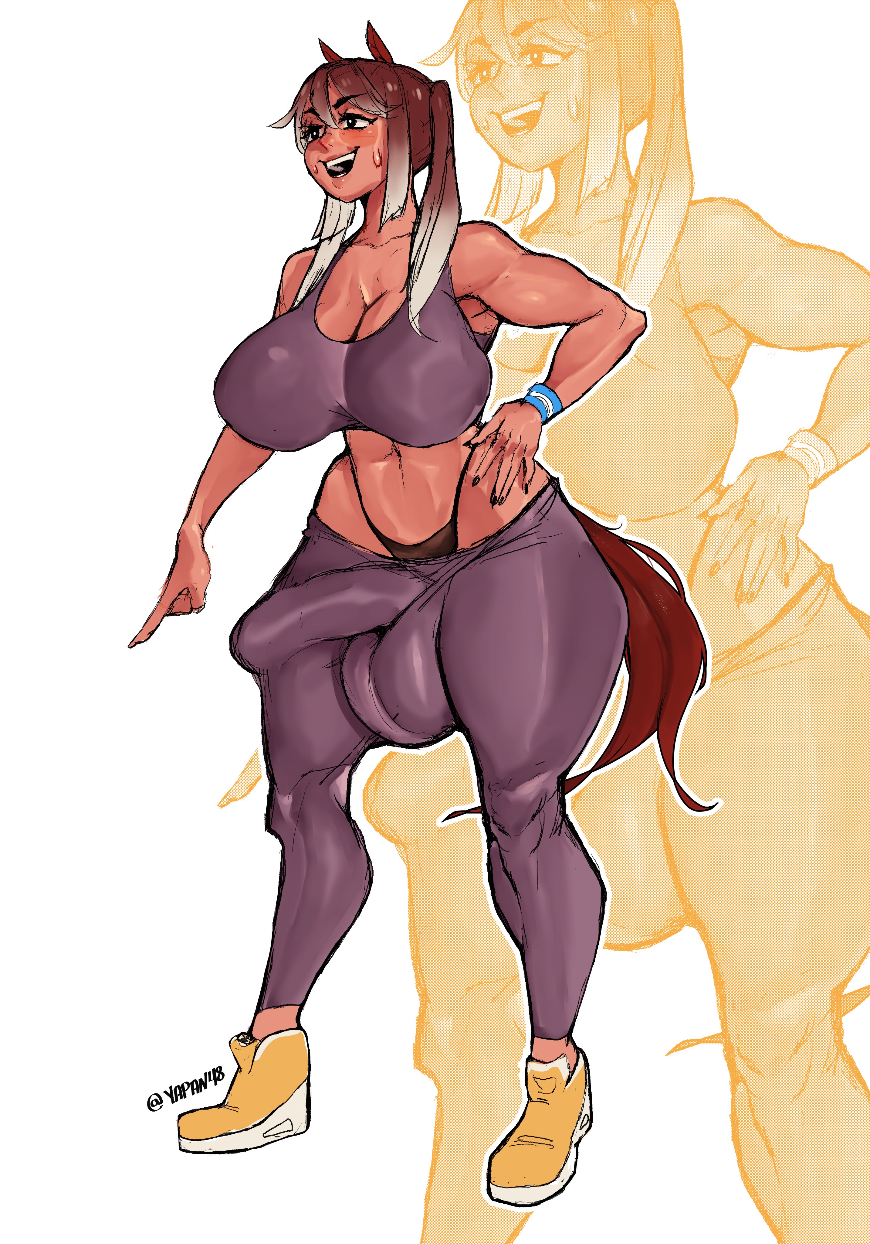 1futa, abs, animal ears, balls, breasts, brown hair, bulge, bulge through clothing, clothed, clothing, dark skin, dark-skinned futa, female, fully clothed, futa only, futanari, higher resolution duplicate, horse ears, horse girl, horse tail, huge balls, huge breasts, huge cock, huge hips, humanoid, intersex, kemonomimi, leggings, muscular, muscular futa, penis, solo, standing, sweat, thick thighs, thong, two-tone hair, vanessa (iapan), white hair, wide hips, yapan48