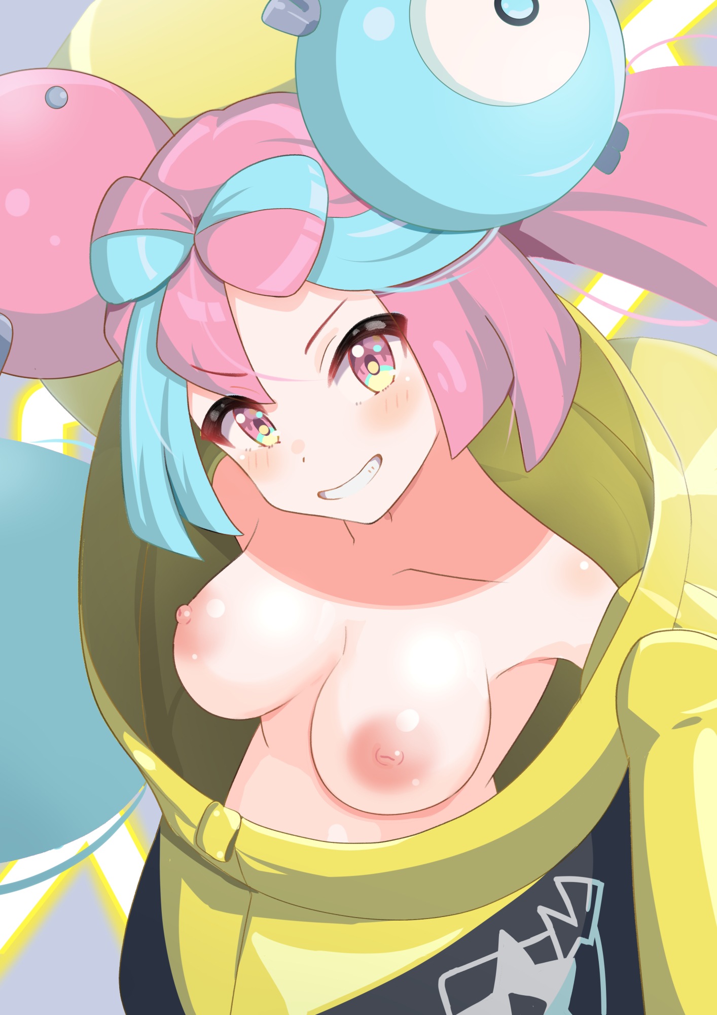 1girls, bare shoulders, blue hair, blush, breasts, collarbone, creatures (company), female, game freak, grin, hairbow, iono (pokemon), jacket, looking up at viewer, medium breasts, nintendo, nipples, pink hair, pokemon, pokemon (game), pokemon sv, smile