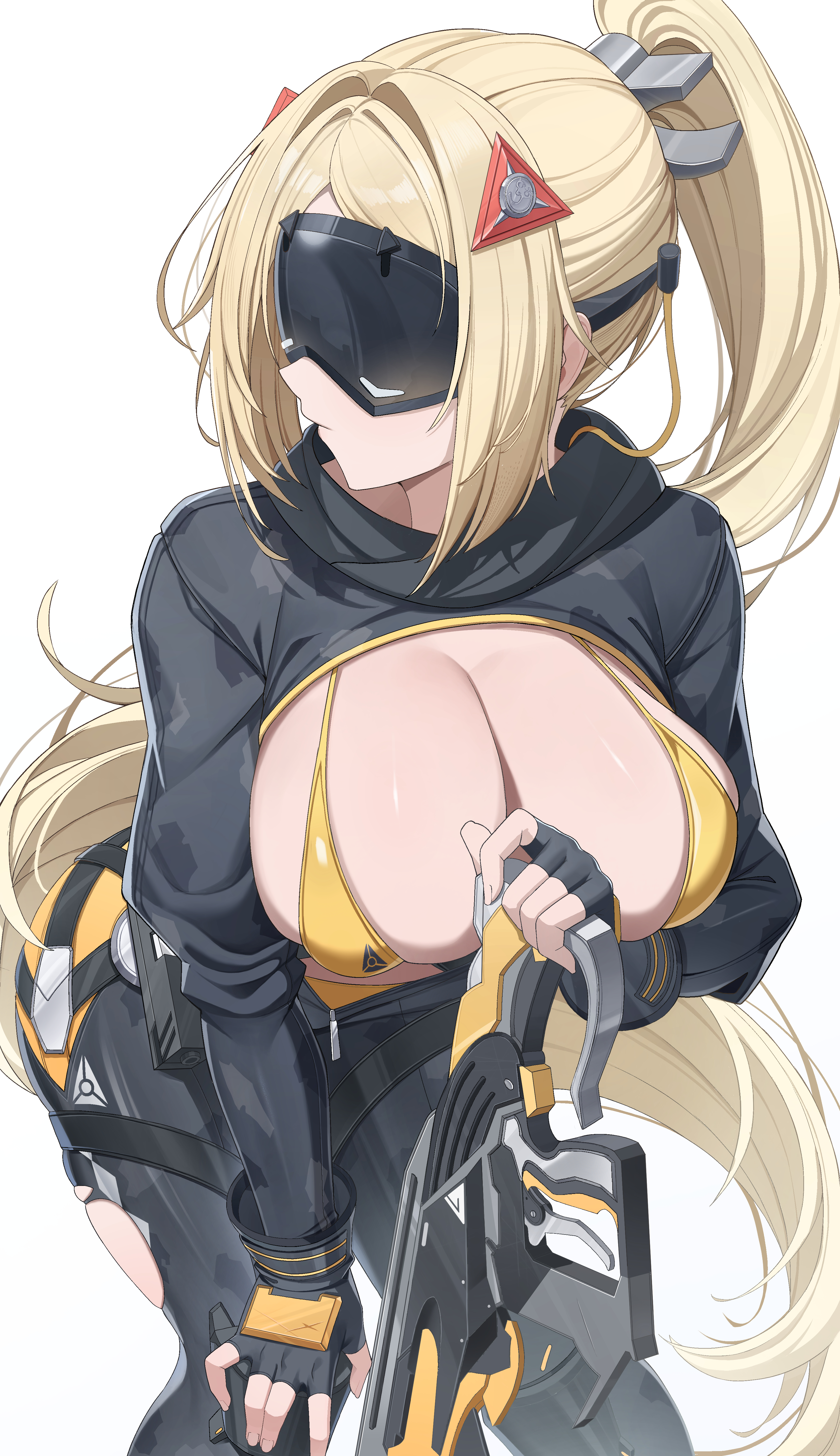 1girls, big breasts, blonde hair, bra, breasts, busty, cleavage, clothing, female, female only, gun, huge breasts, large breasts, pang yo, rifle, sniper, soldier, solo, thick thighs, tied hair, trigger (zenless zone zero), visor, weapon, white background, wide hips, zenless zone zero