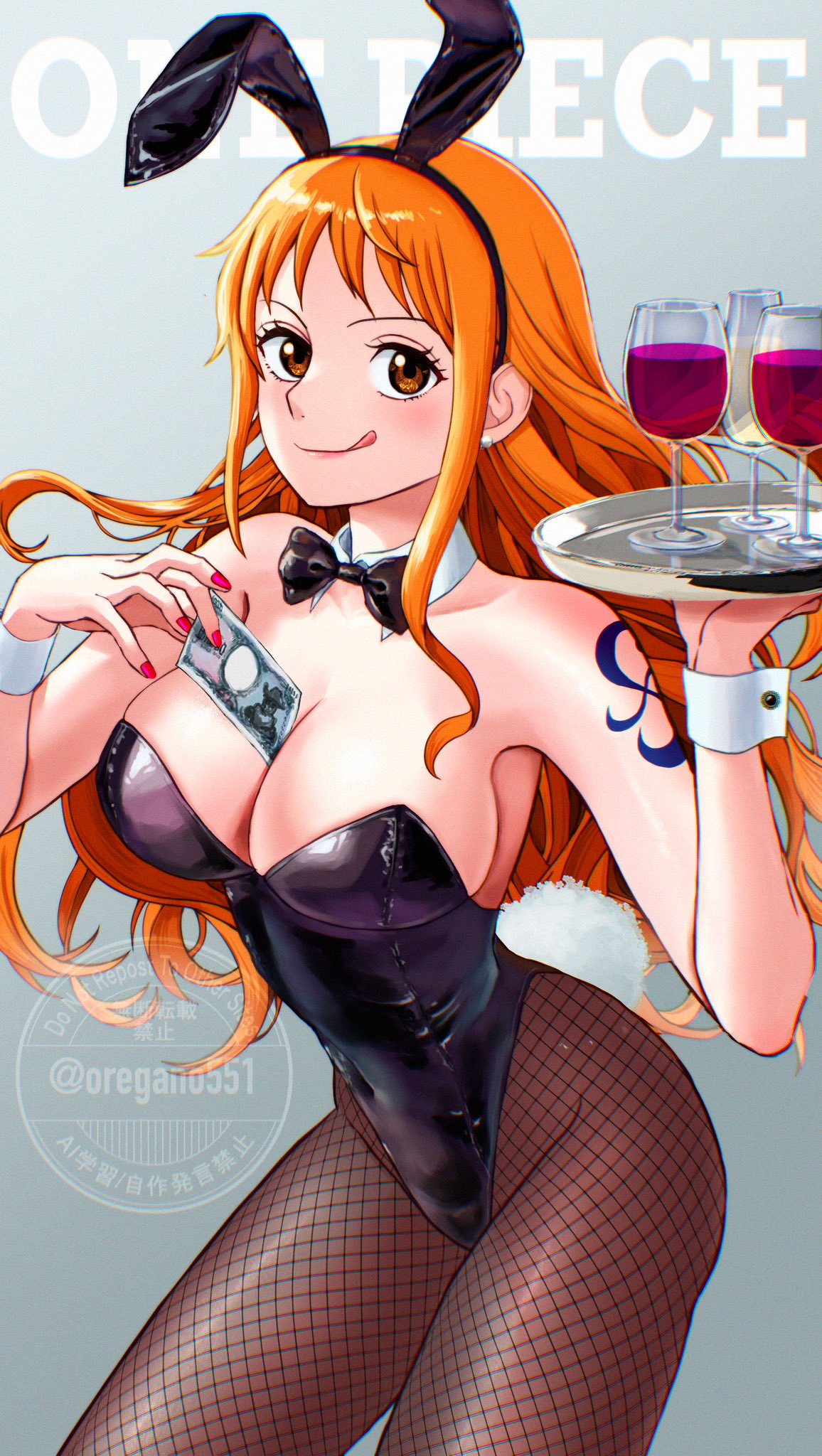 :q, 1girls, alcohol, alternate costume, animal ears, arm tattoo, banknote, bare shoulders, black bow, black bowtie, black leotard, blue tattoo, blush, bow, bowtie, breasts, brown eyes, brown pantyhose, cleavage, closed mouth, clothing, commentary, copyright name, cowboy shot, cup, detached collar, earrings, fake animal ears, fake tail, female, female only, fishnet pantyhose, fishnets, gradient background, grey background, highres, holding, holding money, holding plate, jewelry, large breasts, leotard, long hair, looking at viewer, money, nail polish, nami (one piece), narrow waist, one piece, orange hair, orange-haired female, oregano551, pantyhose, pearl earrings, plate, playboy bunny, rabbit ears, rabbit tail, red nails, shiny clothes, shoulder tattoo, single sidelock, solo, strapless, strapless leotard, stud earrings, tail, tattoo, tongue, tongue out, watermark, wavy hair, wrist cuffs