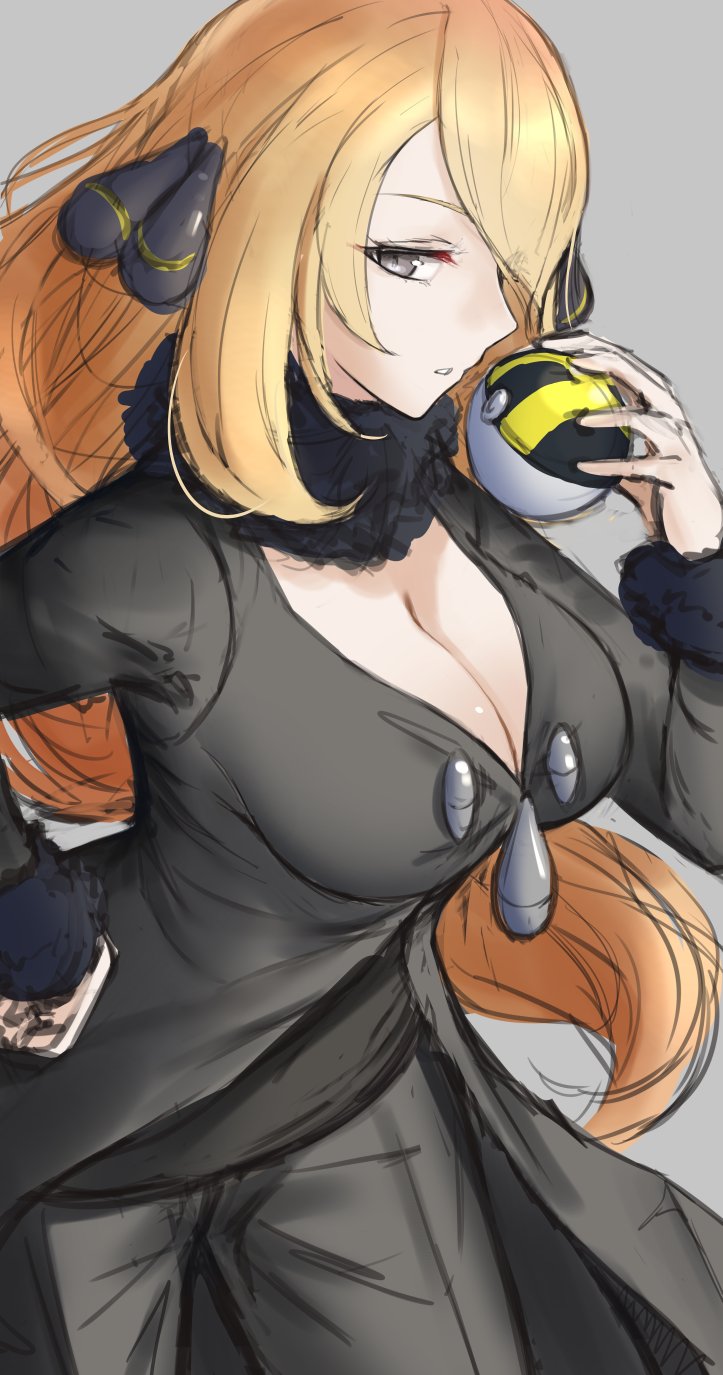 alternate breast size, black collar, blonde hair, breasts, cleavage, coat, collar, commentary, cynthia (pokemon), eyelashes, female, female only, fur collar, grey background, grey eyes, hair ornament, hair over one eye, hand on own hip, hand up, highres, holding, ippers, leaning forward, long hair, long sleeves, looking to the side, nintendo, pants, parted lips, pokemon, pokemon dppt, shirt, simple background, sketch, solo