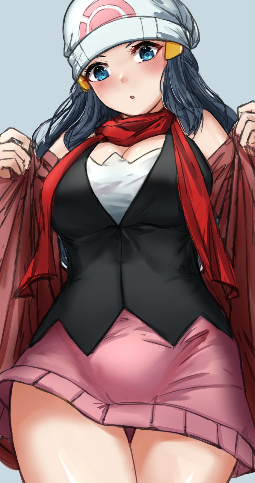 beanie, black shirt, black thighhighs, blue eyes, blush, breasts, dawn (pokemon), female, female only, hat, highres, ippers, large breasts, looking at viewer, nintendo, over-kneehighs, pink skirt, pokemon, pokemon dppt, scarf, shirt, skirt, sleeveless, sleeveless shirt, solo, thigh gap, thighhighs