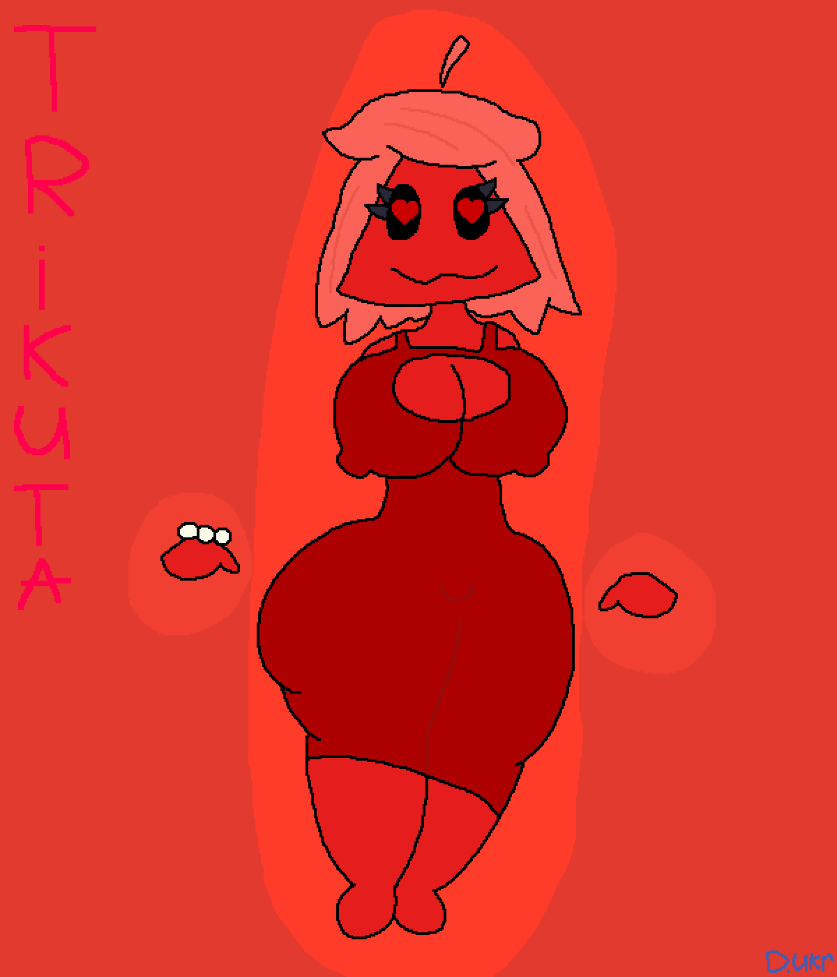 artist_upload big_breasts big_thighs denisukr floating_hands heart-shaped_pupils nipple_bulge pixel_art red_dress red_skin tight_clothes tight_clothing triangular_head trikuta