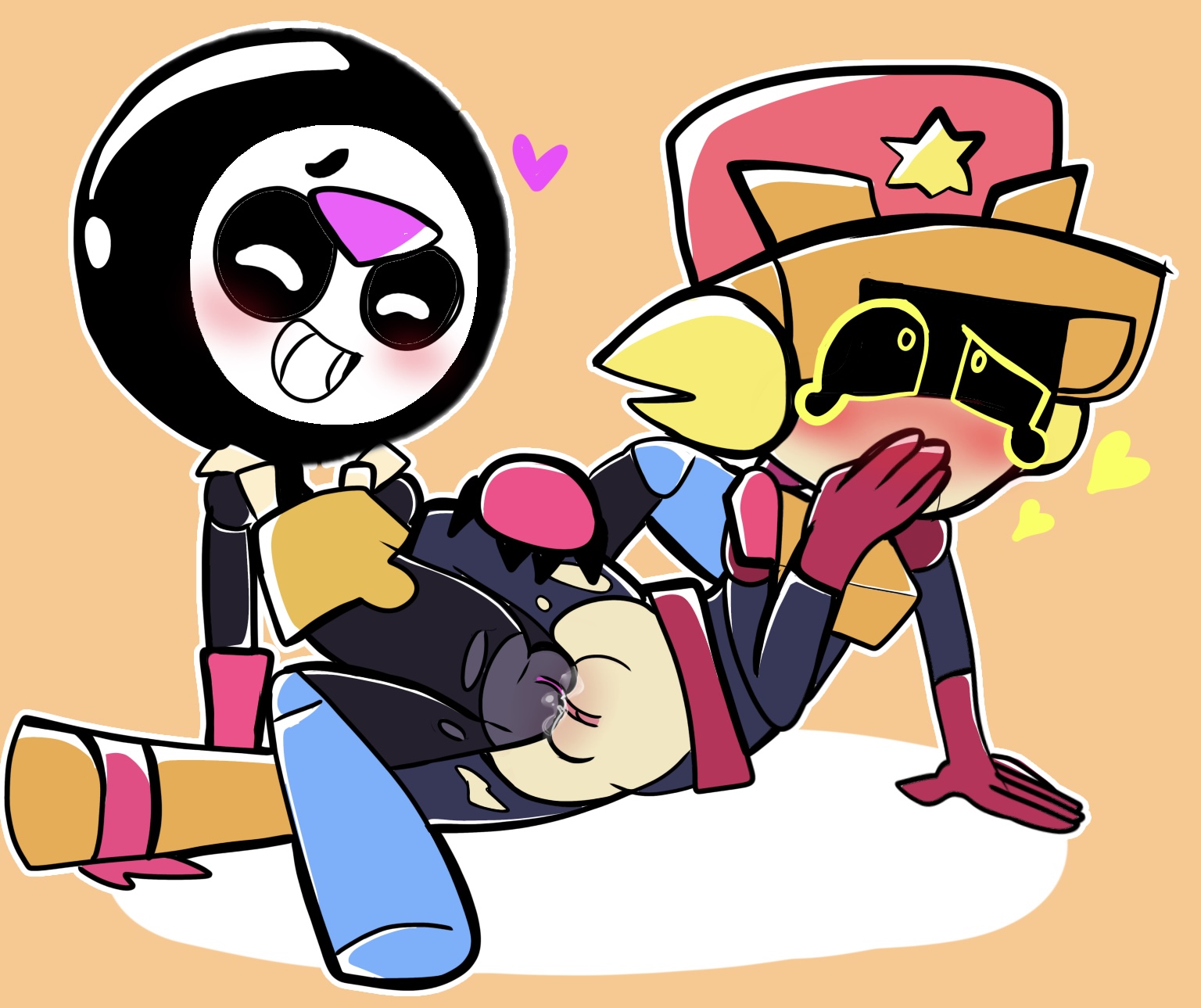 1boy, 1cuntboy, 1other, ambiguous gender, brawl stars, chibi, cuntboy, intersex, lawrie (brawl stars), male, meeple (brawl stars), nonbinary, scissoring, they love each other, tribadism