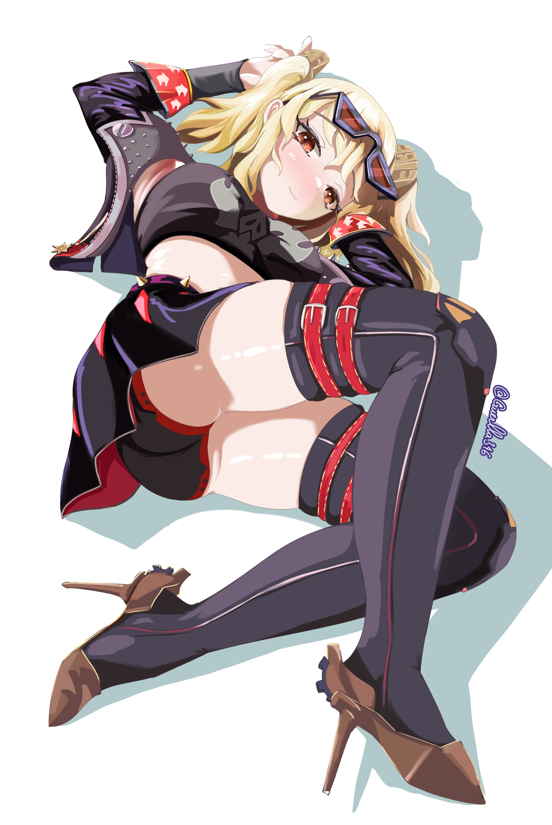 2d, 2d (artwork), armpits, arms behind back, arms up, artist name, ass, burnice white, eyewear on head, glasses, guerlla346, heels, high heels, lying, miniskirt, panties, short skirt, simple background, skirt, stockings, tagme, thick thighs, thigh highs, thighhighs, upskirt, zenless zone zero