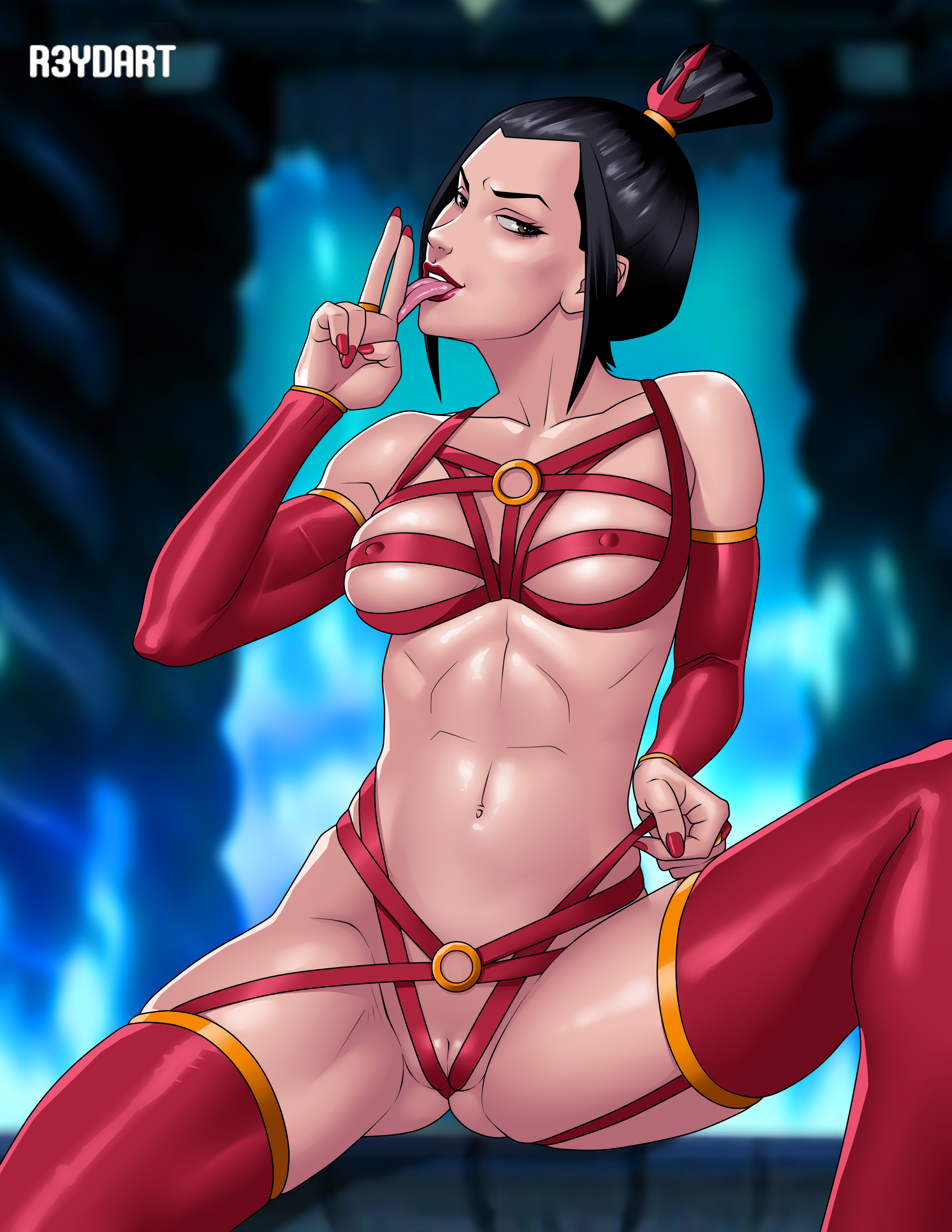 1girls, abs, alternate costume, artist name, avatar the last airbender, azula, black hair, dominatrix, erect nipples, exposed pussy, female, female only, hair bun, latex, licking fingers, long fingernails, looking at viewer, nail polish, nipples, painted fingernails, painted nails, pussy, r3ydart, revealing clothes, seductive pose, sexy, sexy pose, shiny clothes, shiny skin, skimpy clothes, smile, smirk, smirking, solo, thighhighs, toned arms, toned body, toned female, toned stomach