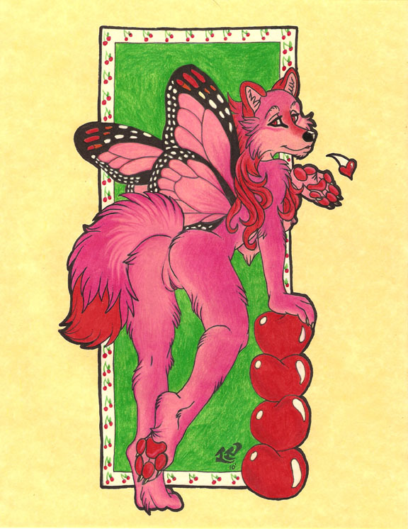 1girls 2010 anthro ass back bent_over butterfly canine cherry female female_only fruit fur furry hybrid looking_over_shoulder luthiennightwolf nude original_character paws pink_fur pussy tail wings wolf