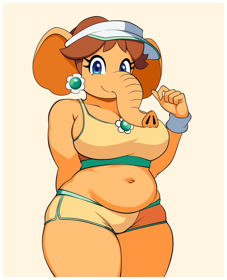 1girls, anthro, belly, breasts, brown hair, clothing, elephant, elephant daisy, elephantid, female, female only, furry, furry female, furry only, hat, huge breasts, looking at viewer, mammal, mario (series), mature, mature anthro, mature female, nintendo, overweight, overweight anthro, overweight female, princess daisy, solo, solo female, solo focus, super mario bros., super mario bros. wonder, trunk, unknown artist, zackscott's elephant daisy commissions (meme)