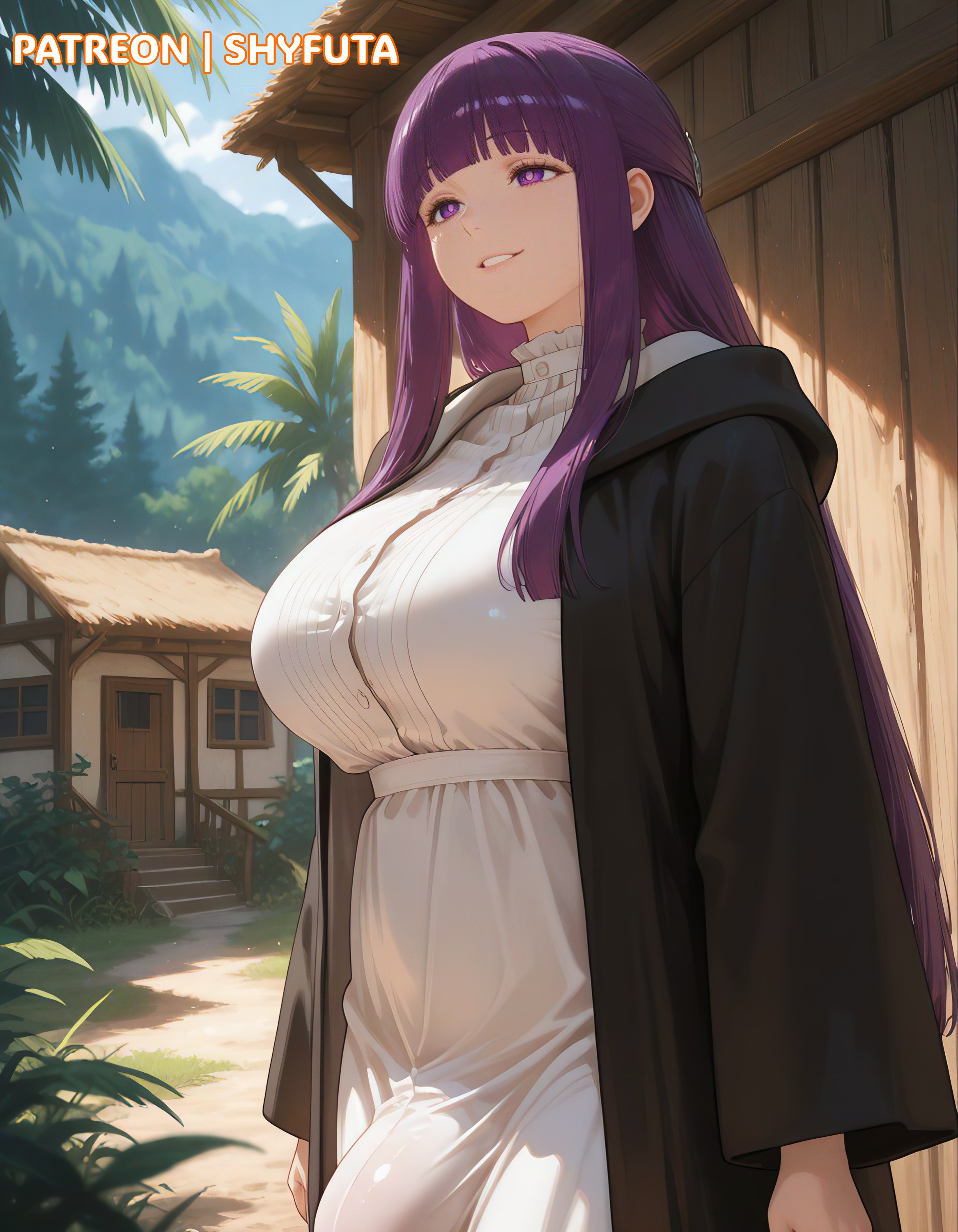 1futa, 2025, ai generated, bangs, big breasts, big bulge, breasts, bulge, bulge through clothing, cock, curvy, curvy body, curvy figure, dick, dickgirl, fern (sousou no frieren), frieren beyond journey's end, futa only, futanari, huge breasts, intersex, large breasts, light skin, light-skinned futa, long hair, patreon, patreon username, penis, purple eyes, purple hair, shyfuta, smile, smiling, solo, solo focus, solo futa, sousou no frieren, stable diffusion, voluptuous, voluptuous futa