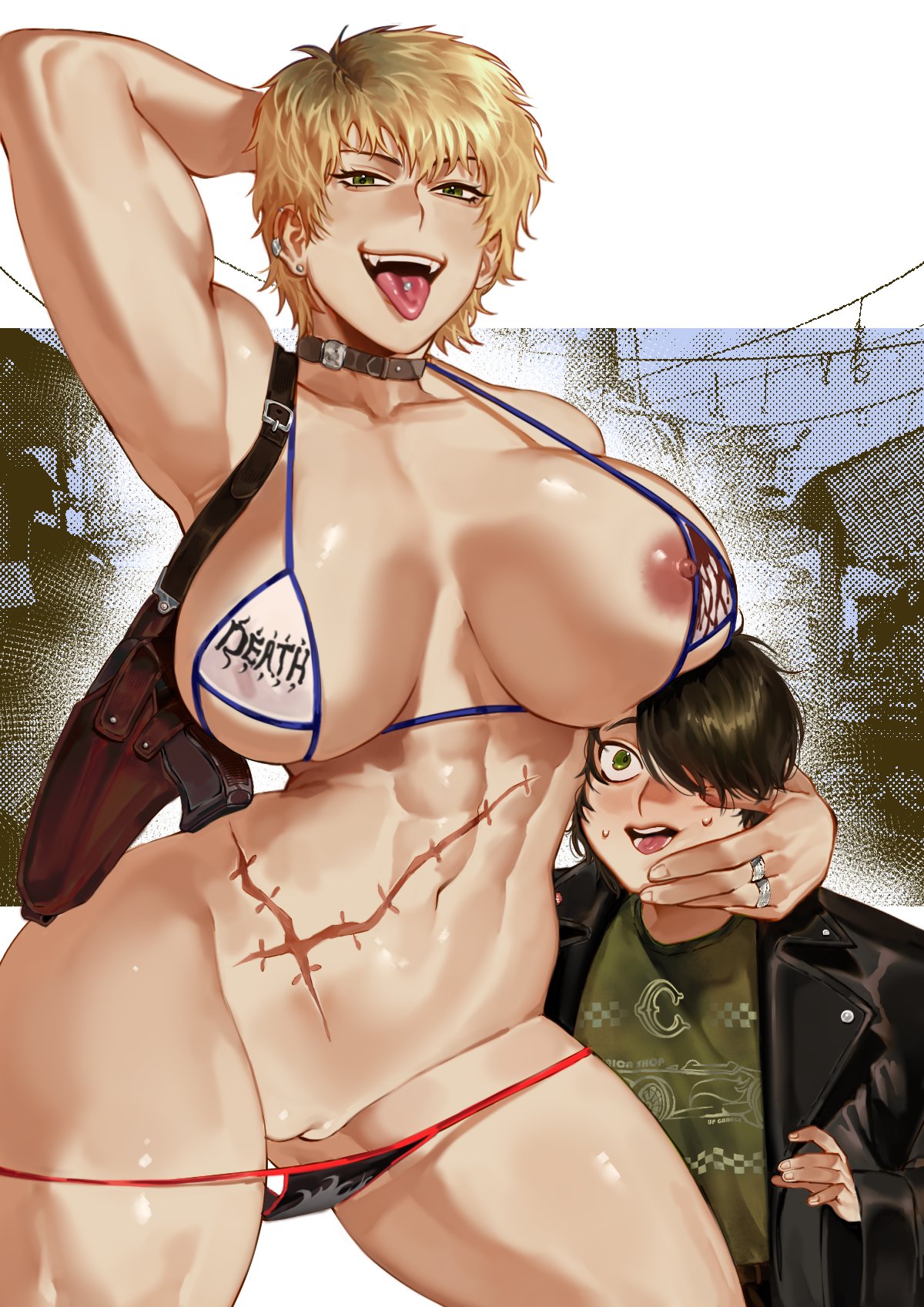 1boy 1boy1girl 1girls abs arm_behind_head arm_up bikini blonde_hair huge_breasts lesox222 male muscular_female nipples rings scar tongue_out tongue_piercing