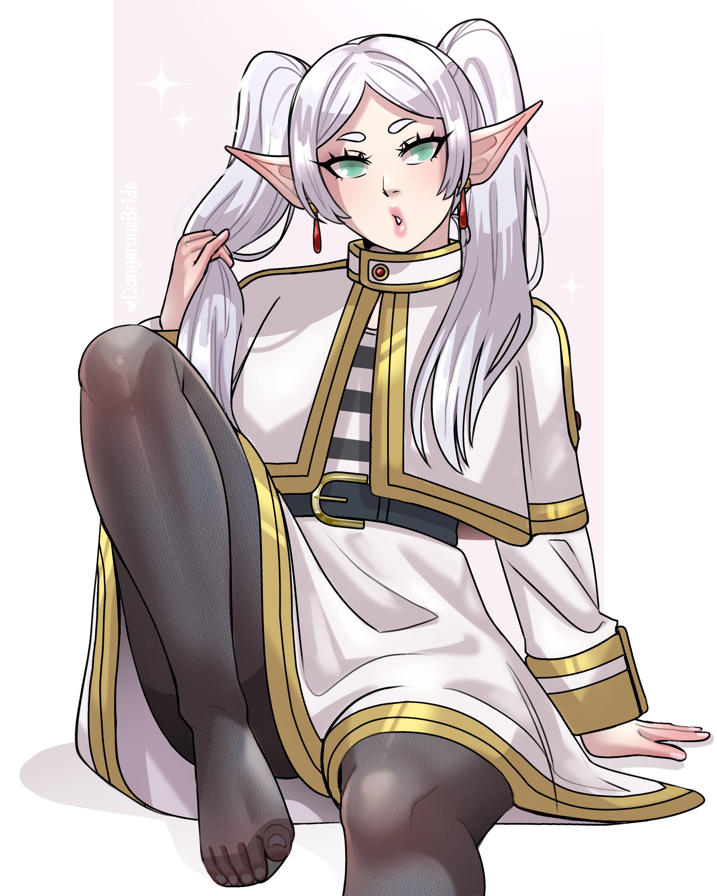 1girls, bent leg, dangerousbride, earrings, elf, elf ears, elf female, female, female only, frieren, green eyes, hair grab, long hair, looking at viewer, pantyhose, pink lips, sitting, solo, sousou no frieren, twintails, very high resolution, white background, white hair