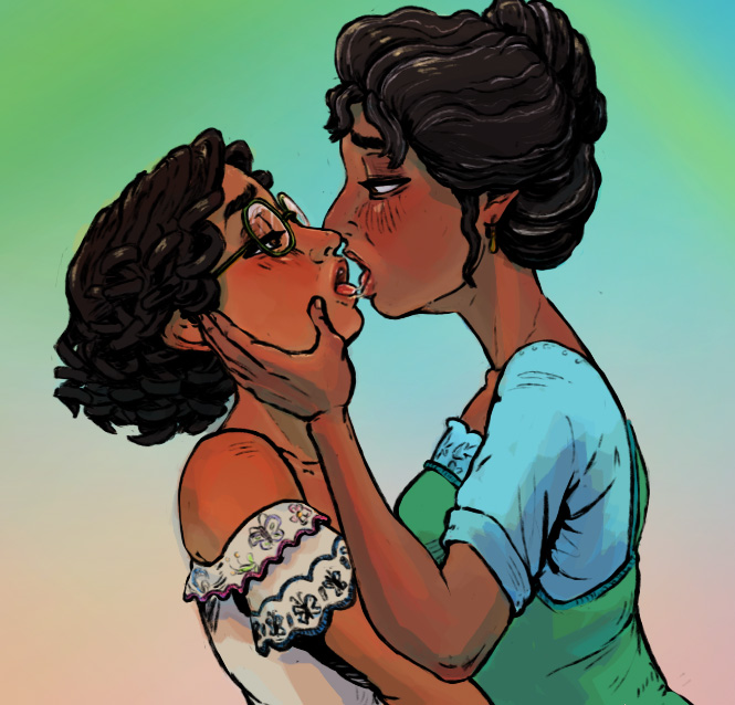 2girls, aged up, blush, brown eyes, brown hair, brown skin, curly hair, dark skin, dark-skinned female, disney, encanto, eye contact, female, female only, glasses, incest, julesartstash, julieta madrigal, kissing, latina, milf, mirabel madrigal, mother and daughter, self upload, spit trail, tongue, yuri
