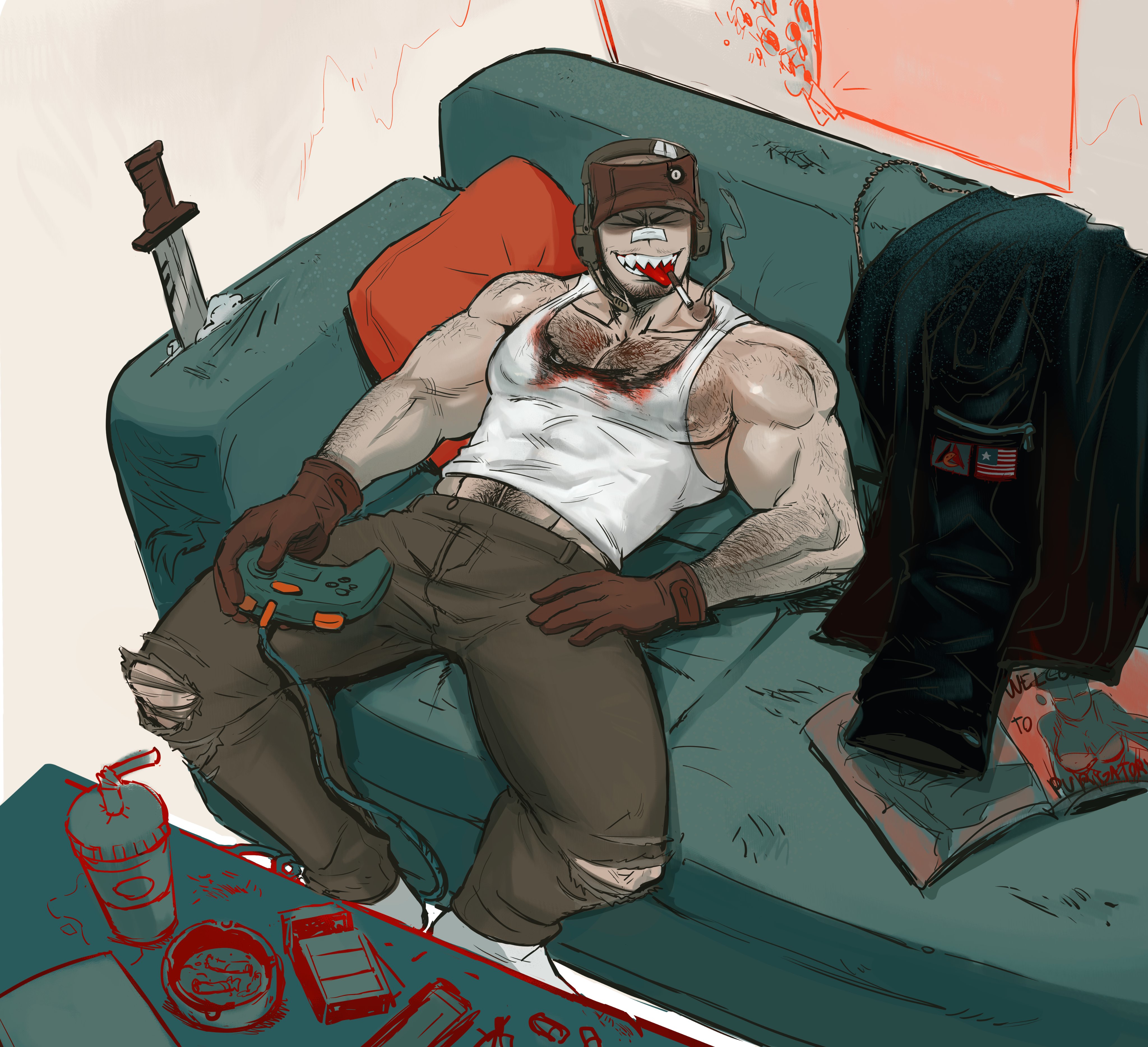 1boy, 2d, alternate version at source, alternate version available, bara, big muscles, clothed, deimos, deimos (madness combat), hairy chest, happy trail, leixo mc, living room, loser, madness combat, male, muscles, pinup, smoking, tongue, tongue out, trans man, transmasc, yaoi