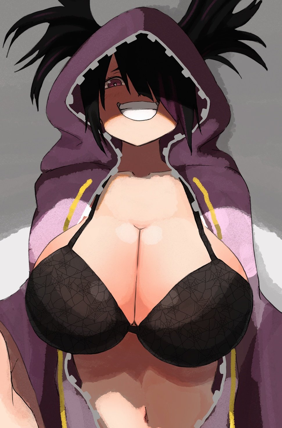 alternate hairstyle, black hair, bra, breasts, dadadaeki00, female, highres, huge breasts, juri han, official alternate costume, pajamas, pink eyes, smile, street fighter, street fighter 6, tagme, underwear