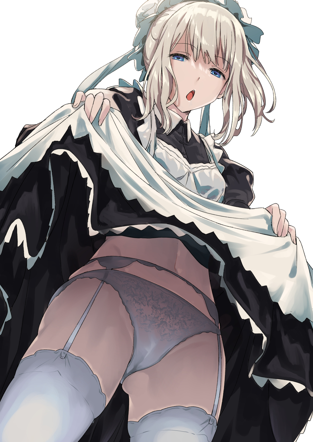 alternate hairstyle, apron, ass visible through thighs, blue eyes, cameltoe, female, garter belt, garter straps, grey hair, idolmaster, idolmaster shiny colors, inu (aerodog), lace-trimmed panties, lingerie, maid headdress, maid uniform, medium hair, midriff, panties, parted lips, pussy, serizawa asahi, skirt lift, thighhighs, thighs, underwear, upskirt, white panties, white thighhighs