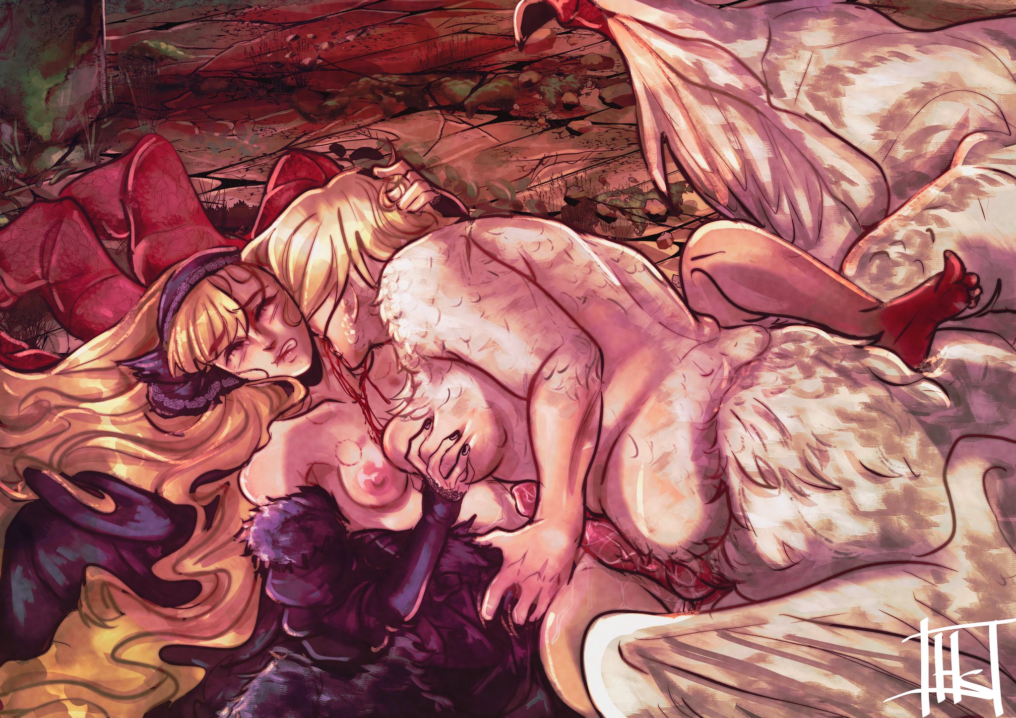 1futa, 1girls, 2girls, bite mark, bite marks, biting neck, biting own lip, blood, bloody feet, breast grab, breasts, chimera, chubby, chubby futa, dungeon meshi, falin touden, falin touden (chimera), female, futa on female, futanari, homuspicy, intersex, laying down, laying on person, lying on back, male, marcille donato, nude, on top of another, penis, sex, size difference, yuri
