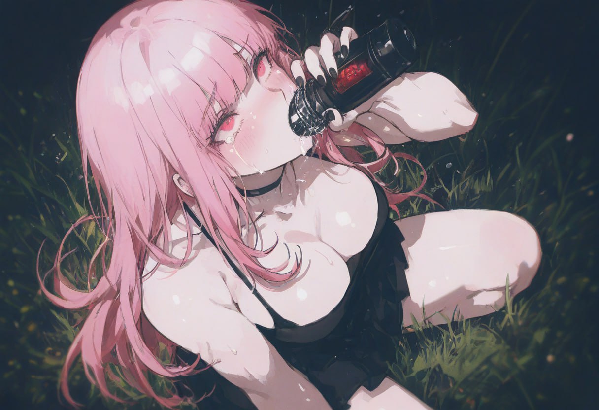 ai_generated big_breasts black_nightgown blush choker cleavage crying_with_eyes_open dildo_fellatio dildo_in_mouth eyes_rolling_back hololive kizirugai mori_calliope oral_masturbation pink_hair rolling_eyes saliva sucking_dildo tears_of_pleasure vtuber