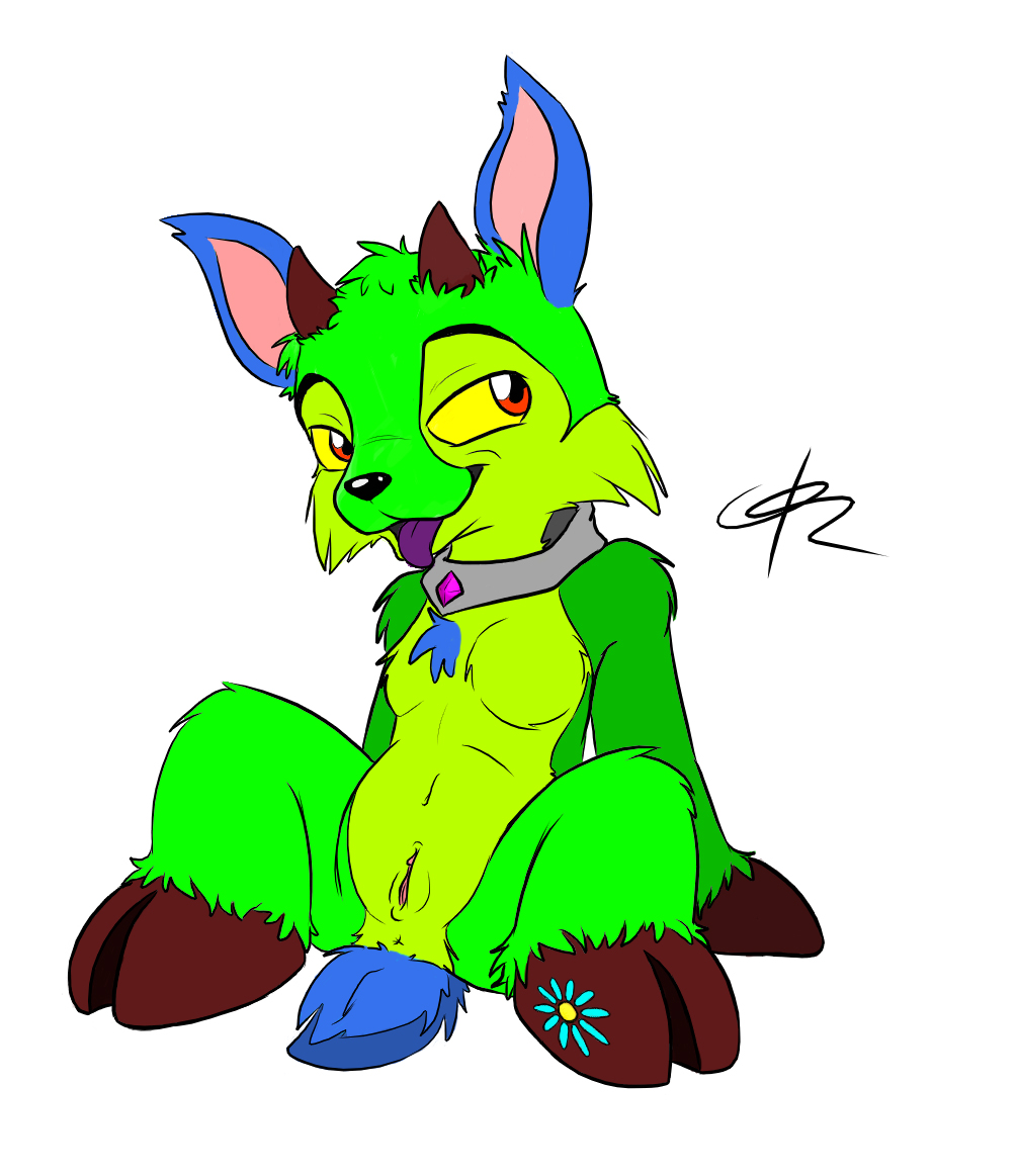 anthro blue_fur c0nnerc00n collar cute dirtyclosetent female female_only flower front_view green_fur hooves ixi line neopets nude pose red_eyes sitting solo tagme toony