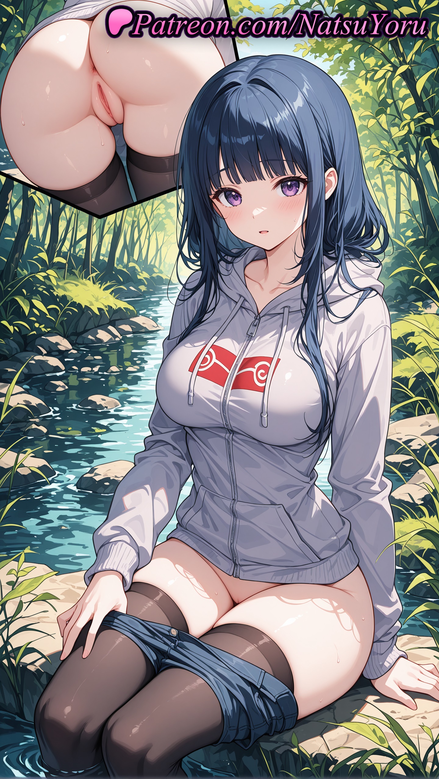 1girls, 2025, ai generated, anus, ass, bangs, black thighhighs, blue hair, blue shorts, blunt bangs, blush, boruto: naruto next generations, boruto: two blue vortex, breasts, clothes pull, collarbone, denim shorts, female, female only, forest, hi res, highres, hood, hoodie, hyuuga hinata, large breasts, long hair, long sleeves, looking at viewer, multiple views, naruto, naruto (classic), naruto (series), naruto bomb, naruto pixxx, naruto shippuden, naruto: road to ninja, naruto: the last, natsuyoru, nature, no panties, outdoors, parted lips, patreon, purple eyes, pussy, river, short shorts, shorts, shorts pull, sitting, soaking feet, solo, thighhighs, thighs, vagina, voluptuous, voluptuous female, water