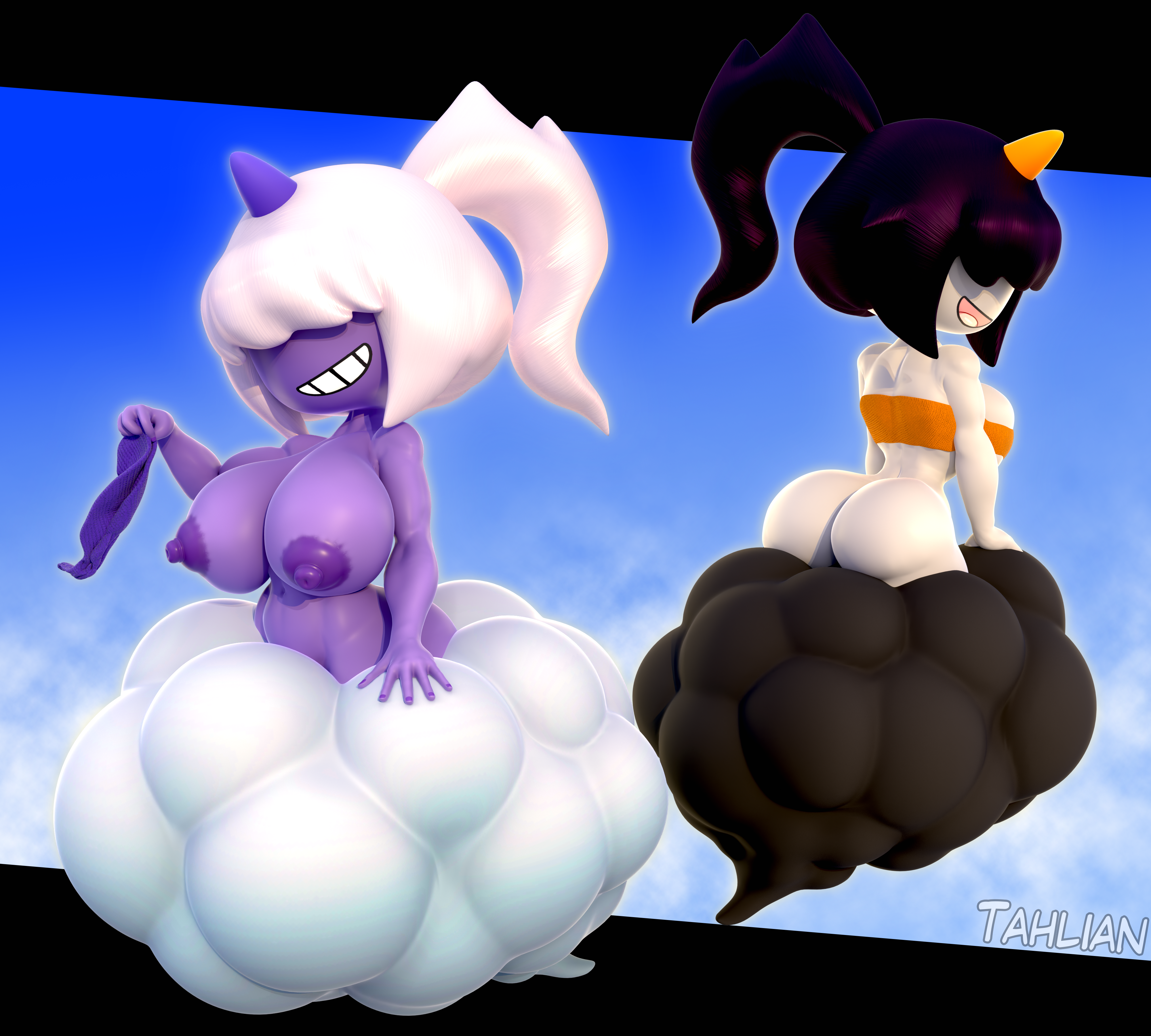 2girls, 3d, areolae, ass, big ass, big breasts, black hair, bottom heavy, bottomless, breasts, clothing, cloud, crop top, dazzi (pal), dazzi noct, female, female only, flashing, flashing breasts, floating, hair over eyes, horn, kabalmystic (style), looking at viewer, looking back, mooning, nipples, pal (species), palworld, png, presenting, presenting hindquarters, purple body, shortstack, sky, smile, smug, smug grin, tahlian, top heavy, topless, undressing, white body, white hair