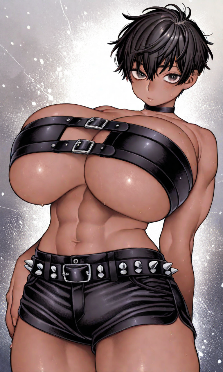 1girls ai_generated belt belt_bra belt_buckle black_hair black_shorts box breasts cas_(kosine1777) choker crate dark_skin female huge_breasts kosine1777 kosineverse leather_vest muscular muscular_female original original_character short_hair shorts skindentation spiked_bracelet tomboy top_heavy underboob