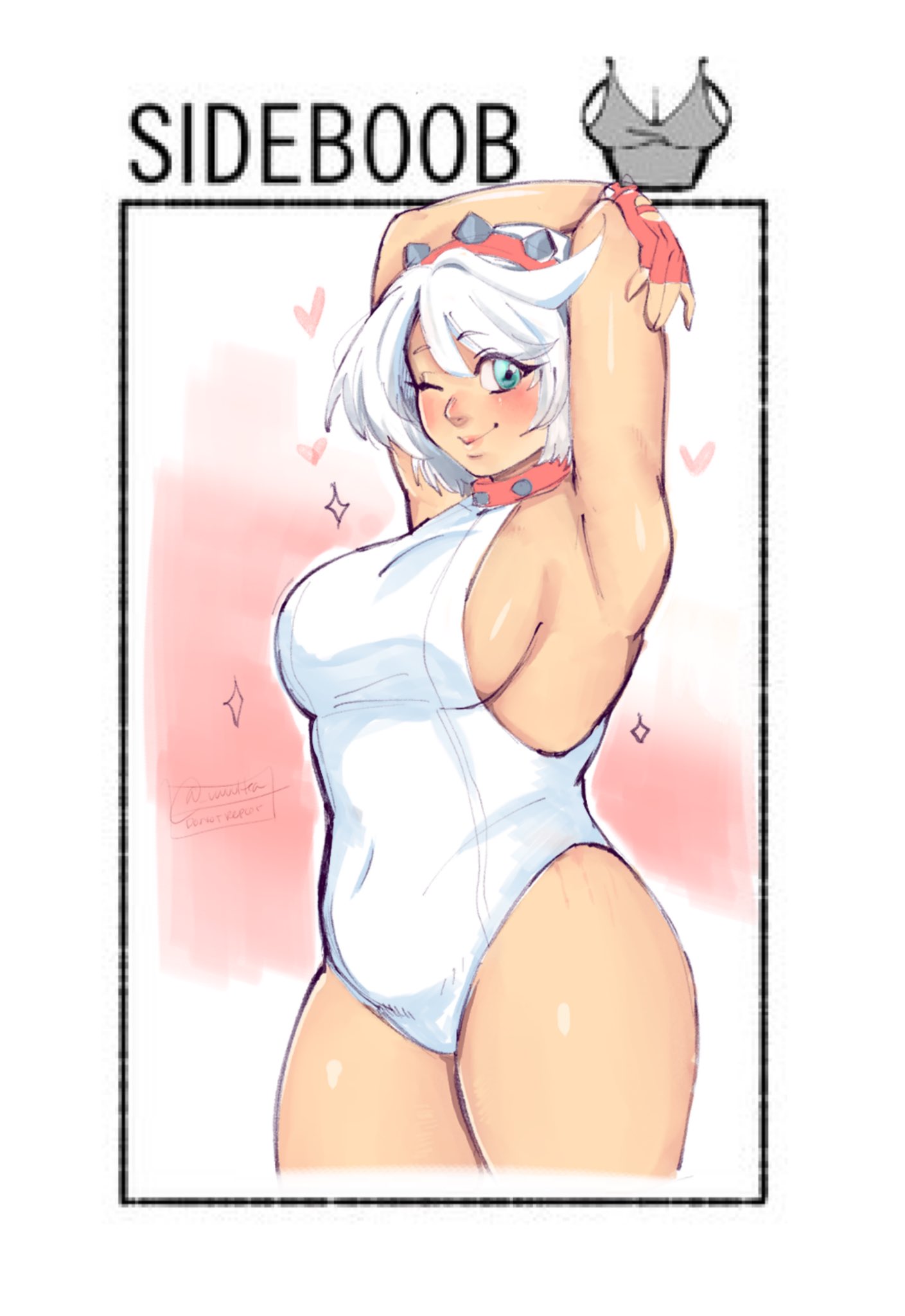 1girls, armpits, arms up, breasts, elphelt valentine, female, guilty gear, guilty gear strive, leotard, short hair, sideboob, uuuuultea, white hair, white leotard