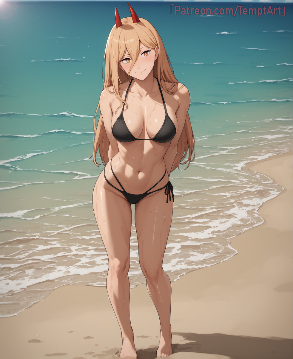 1girls, ai generated, bikini, black bikini, chainsaw man, female, full body, power (chainsaw man), solo, swimsuit, temptart