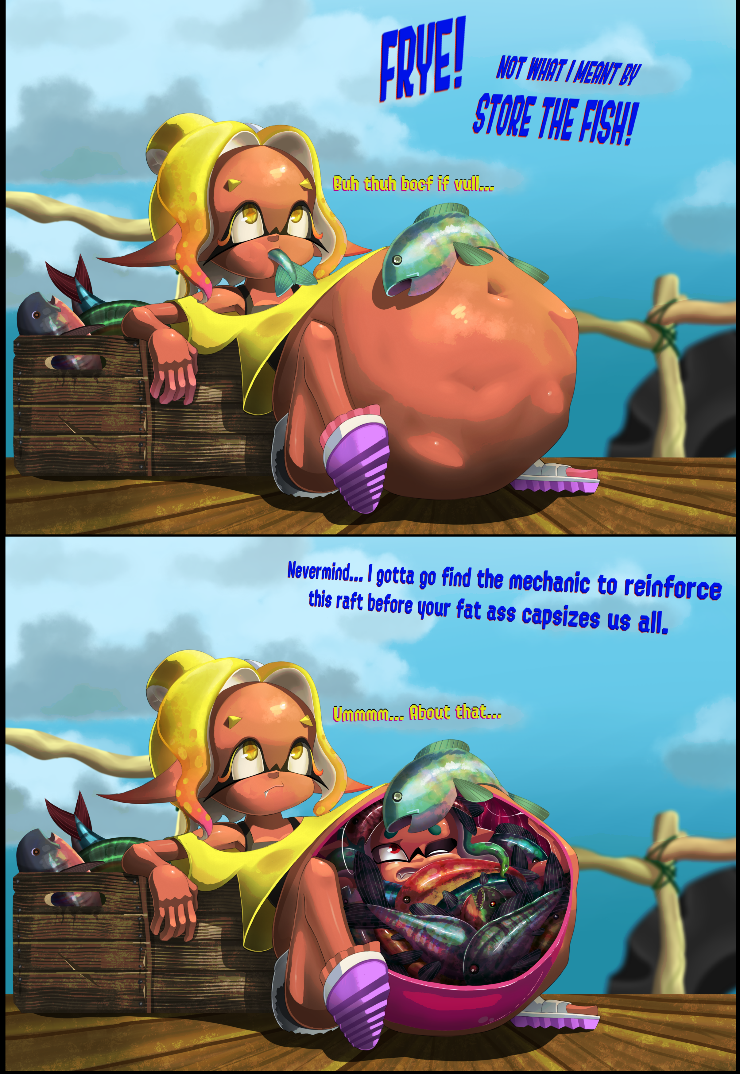 deep cut (splatoon), female, frye (splatoon), inkling, malachi, mechanic (splatoon raiders), shiver (splatoon), splatoon, splatoon (series), splatoon raiders, unwilling prey, vore, vore belly