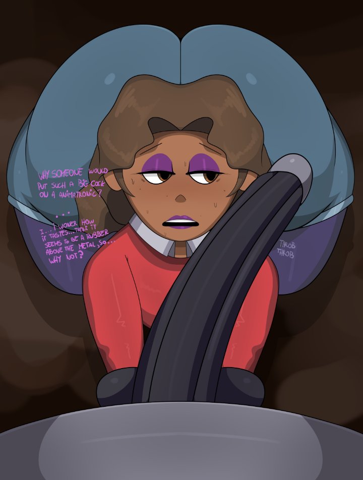 1boy, 1girls, aged up, animatronic, ass, ass bigger than head, balls, big ass, big butt, big cock, brown eyes, brown hair, bubble ass, bubble butt, cassie (fnaf), clothed, clothed female, clothed female nude male, dialogue, english text, female, five nights at freddy's, five nights at freddy's: security breach, human, la sandia, large penis, lipstick, male, oral, oral penetration, penis, purple lipstick, security breach: ruin, straight, tagme, testicles, text, the mimic (fnaf), whore eyes