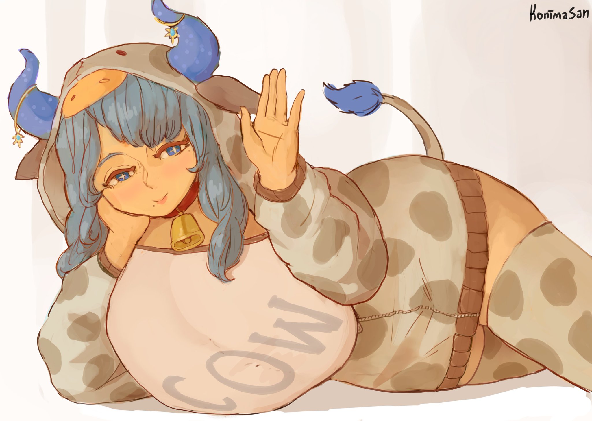 big breasts, blue eyes, blue hair, bovid, bovid humanoid, bovine, bovine humanoid, breasts, breasts bigger than head, celestial being, child bearing hips, clothed, clothed female, clothing, commission, cow girl, cow horns, cow print, cow print hoodie, cow tail, cowbell, curvy, curvy female, curvy figure, digital drawing, digital drawing (artwork), digital media, digital media (artwork), female, female focus, female humanoid, female only, flat colors, goddess, hag, hoodie, humanoid, konimasan, large breasts, looking at viewer, mammal, mammal humanoid, mature, mature female, miilkywayz, milf, milky way (character), print shirt, solo, tagme, thighhighs, thighs, virtual youtuber, vtuber, vtuberfanart