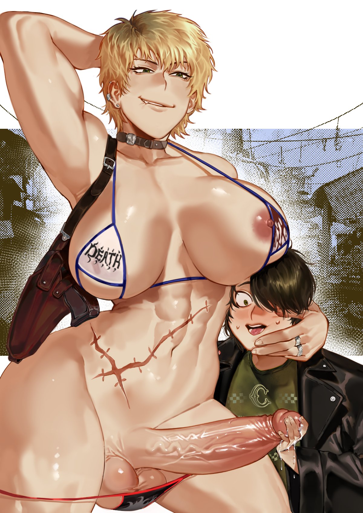 1boy 1boy1futa 1futa abs arm_behind_head arm_up bikini blonde_hair holding_penis huge_breasts huge_cock lesox222 male muscular muscular_futa nipples rings scar sweat tongue_out tongue_piercing