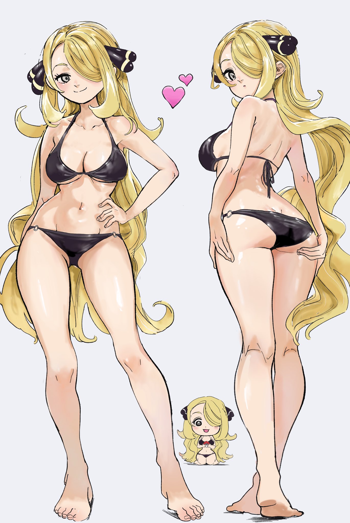 1girls, alternate breast size, ass, bare shoulders, bikini, black bikini, blonde hair, blush, breasts, cleavage, closed mouth, cynthia (pokemon), dimples of venus, female, game freak, grey eyes, hair ornament, hair over one eye, highres, large breasts, long hair, looking at viewer, navel, nintendo, pokemon, pokemon dppt, simple background, smile, solo, stomach, sukoyaka tsukasa, swimsuit, very long hair, white background