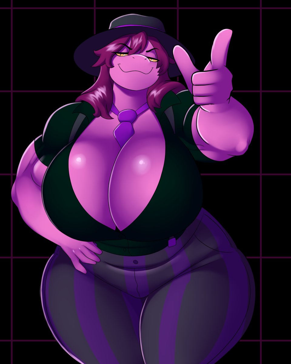 big breasts, breasts, cleavage, deltarune, dinosaur girl, fedora, female, hand sign, hat, huge breasts, looking at viewer, lunarartstudios (artist), mafia, muscular, muscular arms, purple hair, purple skin, smirking, susie (deltarune), tagme, thick thighs, tie between breasts, tight clothing, wide hips, yellow eyes