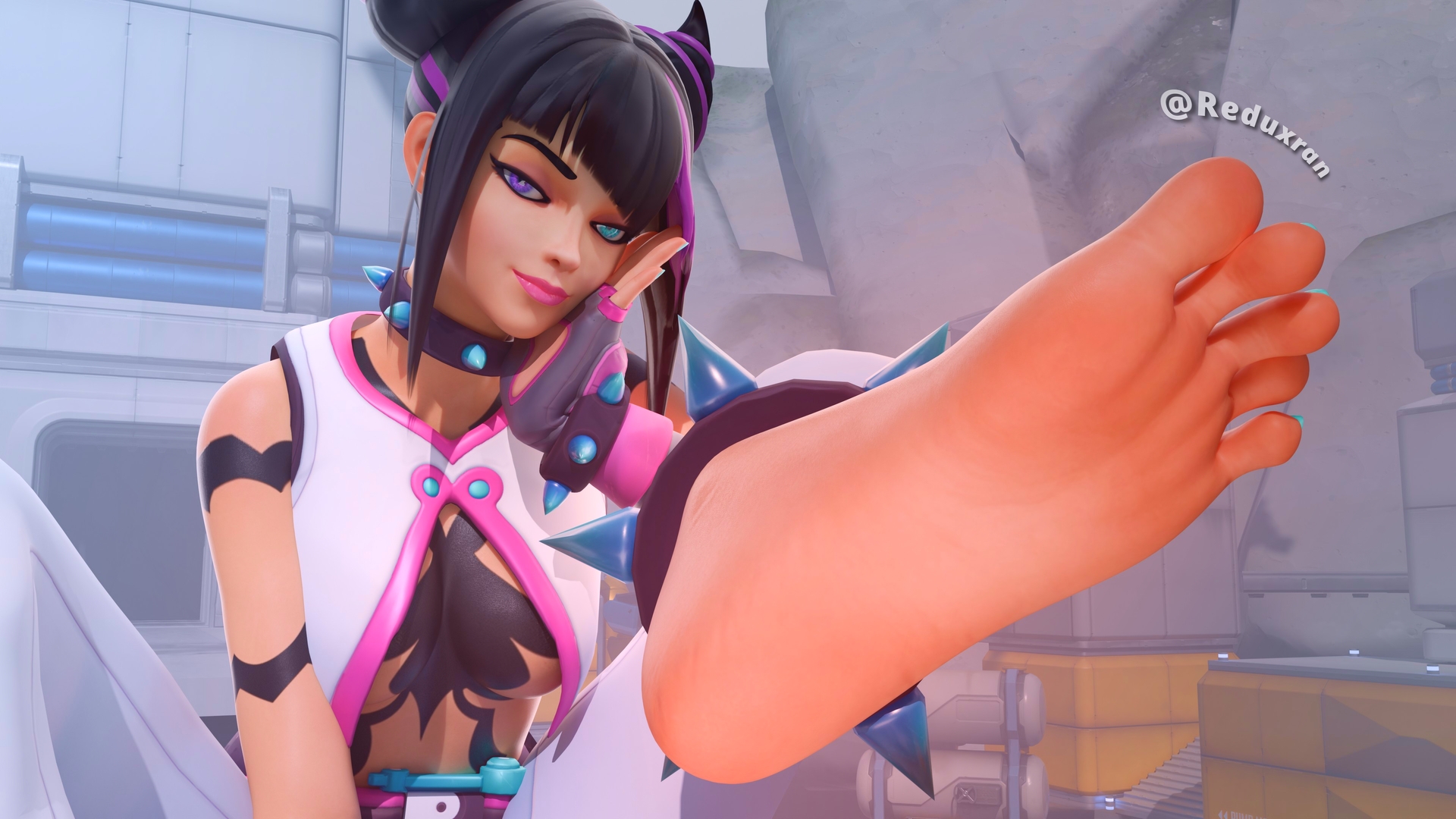 3d, 3d (artwork), bare feet, bracelet, bracelets, choker, clothed, clothed female, clothing, different eye color, feet, female, female focus, female only, fingering, foot fetish, foot focus, fully clothed, fully clothed female, gloves, hairbun, hand on face, head tilt, juri han (cosplay), juri kiriko, kiriko (overwatch), open clothes, open clothing, overwatch, overwatch 2, reduxran, short hair, short-haired female, smile, smiling, smiling at viewer, solo, solo female, solo focus, street fighter, street fighter 6