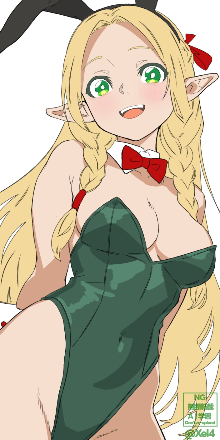1girls, 2d, artist name, black bunny ears, blonde eyebrows, blonde female, blonde hair, breasts, bunny ears, bunny girl, bunnysuit, cleavage, dungeon meshi, elf, elf ears, emerald eyes, female, green eyes, hair ornament, long hair, looking at viewer, marcille donato, medium breasts, red bowtie, ribbon, smile, smiling, smiling at viewer, solo, xel4