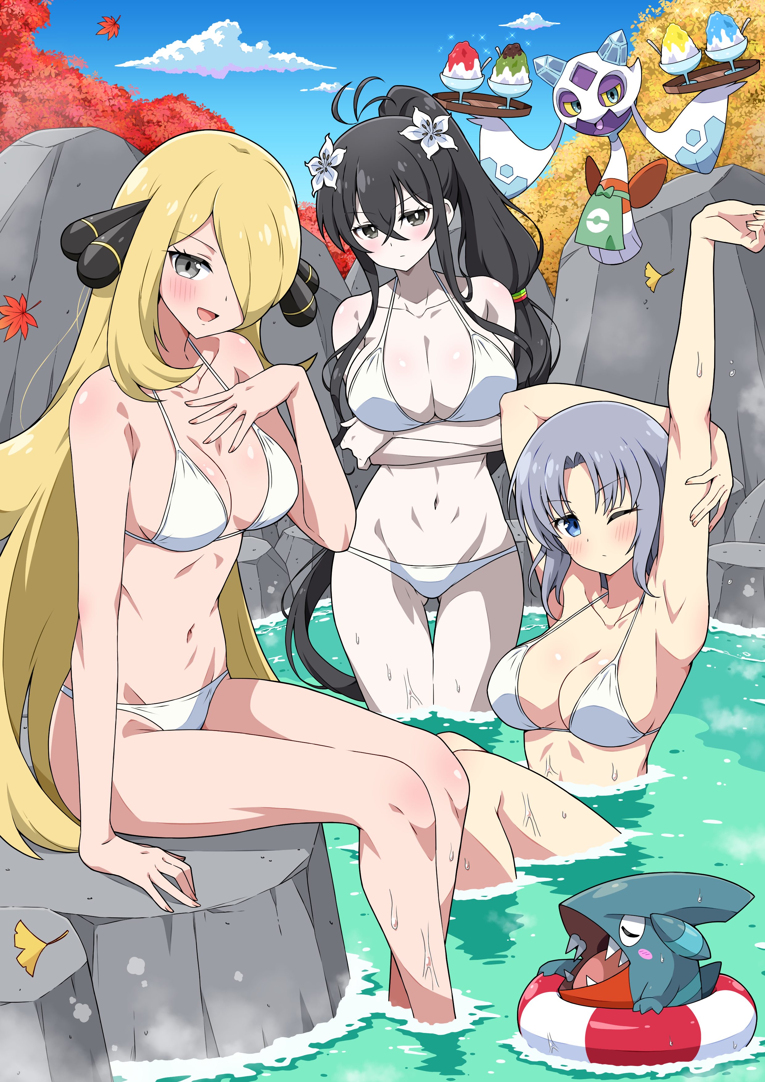 ahoge, armpits, arms under breasts, ass visible through thighs, bare arms, bare belly, bare legs, bare shoulders, bare thighs, belly button, big breasts, bikini, black eyes, black hair, blonde hair, blue eyes, blush, body blush, breasts, cleavage, closed mouth, collarbone, crossover, cynthia (pokemon), eggman (ni tamagoex), female, flower in hair, fubuki (senran kagura), grey hair, groin, hair ornament, hair over one eye, hot spring, long hair, onsen, outdoors, pale skin, parted lips, partially submerged, pokemon, ponytail, senran kagura, shiny skin, short hair, sitting, smile, standing, steam, stretching arms, thighs, wading, water, wet body, white bikini, yumi (senran kagura)