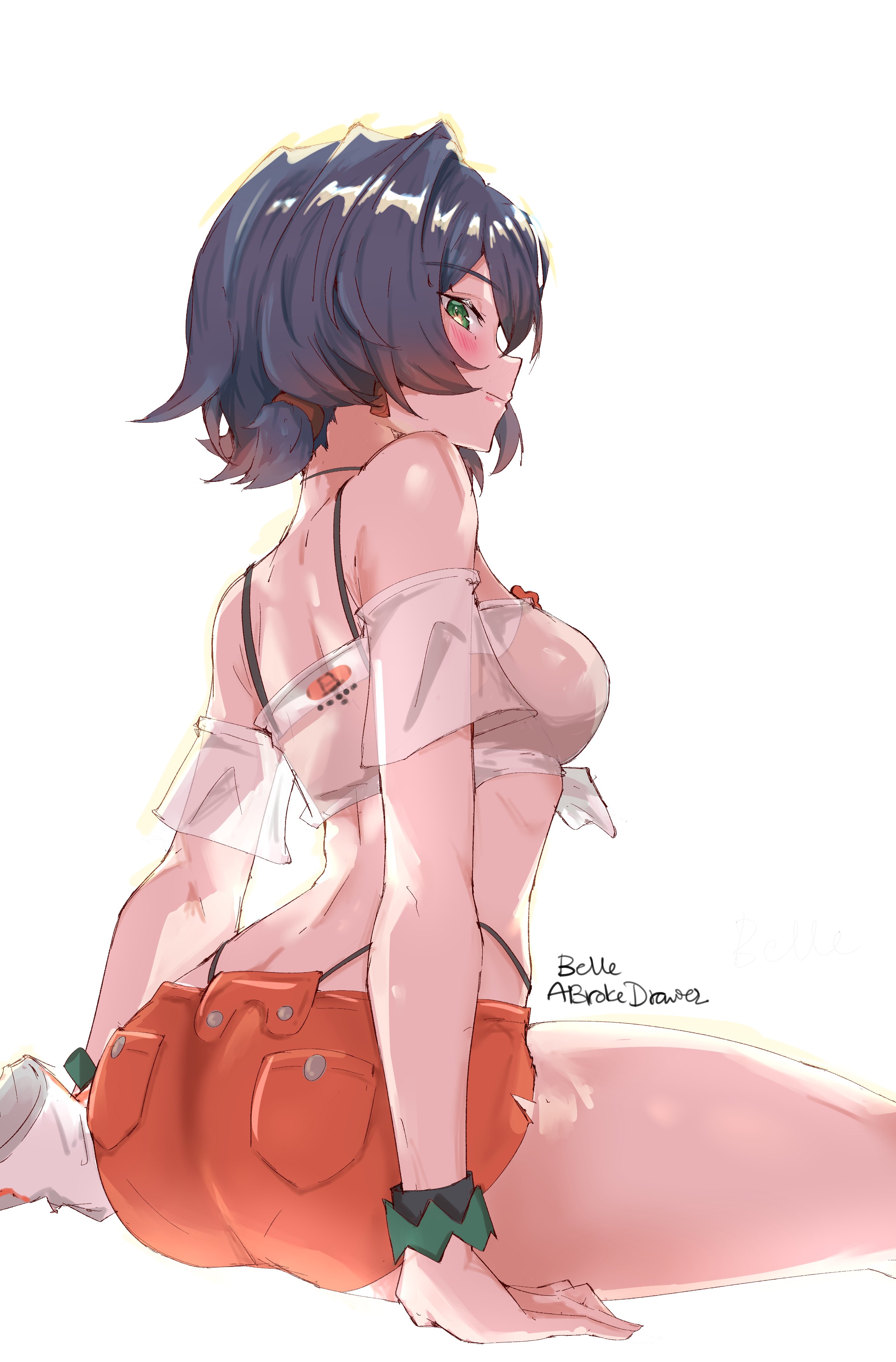 1girls, abrokedrawer, absurdres, alternate costume, ass, back, back view, belle (summer skies) (zenless zone zero), belle (zenless zone zero), bikini under shorts, blue hair, breasts, female, female only, green eyes, highres, medium breasts, official alternate costume, orange shorts, shirt, short hair, short shorts, shorts, side view, simple background, sitting, solo, swimwear, thighs, tied shirt, white background, white shirt, zenless zone zero