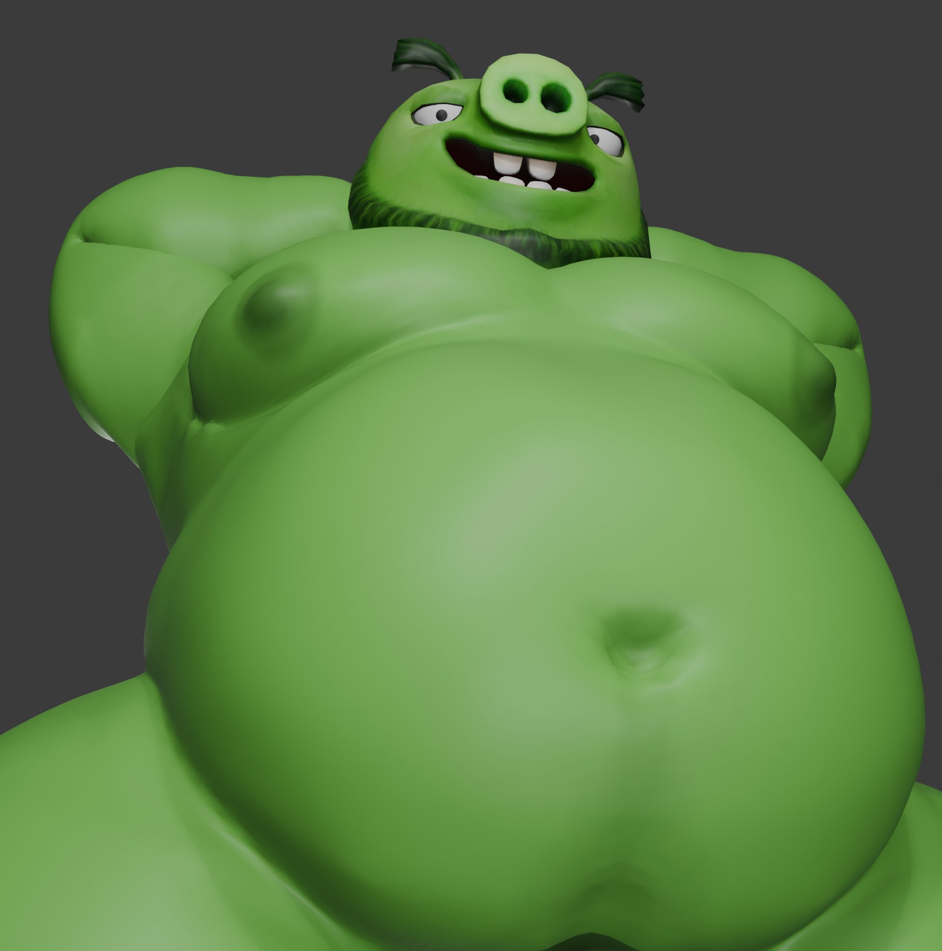 3d (artwork), angry birds, anthro, beard, belly, digital media (artwork), domestic pig, facial hair, green body, grey background, half-closed eyes, hands behind head, hi res, leonard mudbeard, male, mammal, moobs, narrowed eyes, navel, nipples, overweight, overweight anthro, overweight male, pig, pig nose, rovio entertainment, sega, simple background, smile, solo, suid, suine, sus (pig), the angry birds movie, unfinished, z hado