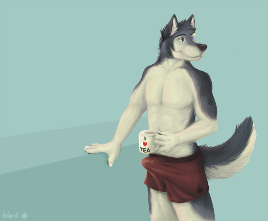 1boy 2008 anthro boxers canine drink erection erection_under_clothes fur furry hushhusky male male_only mug penis_outline red_underwear solo topless underwear