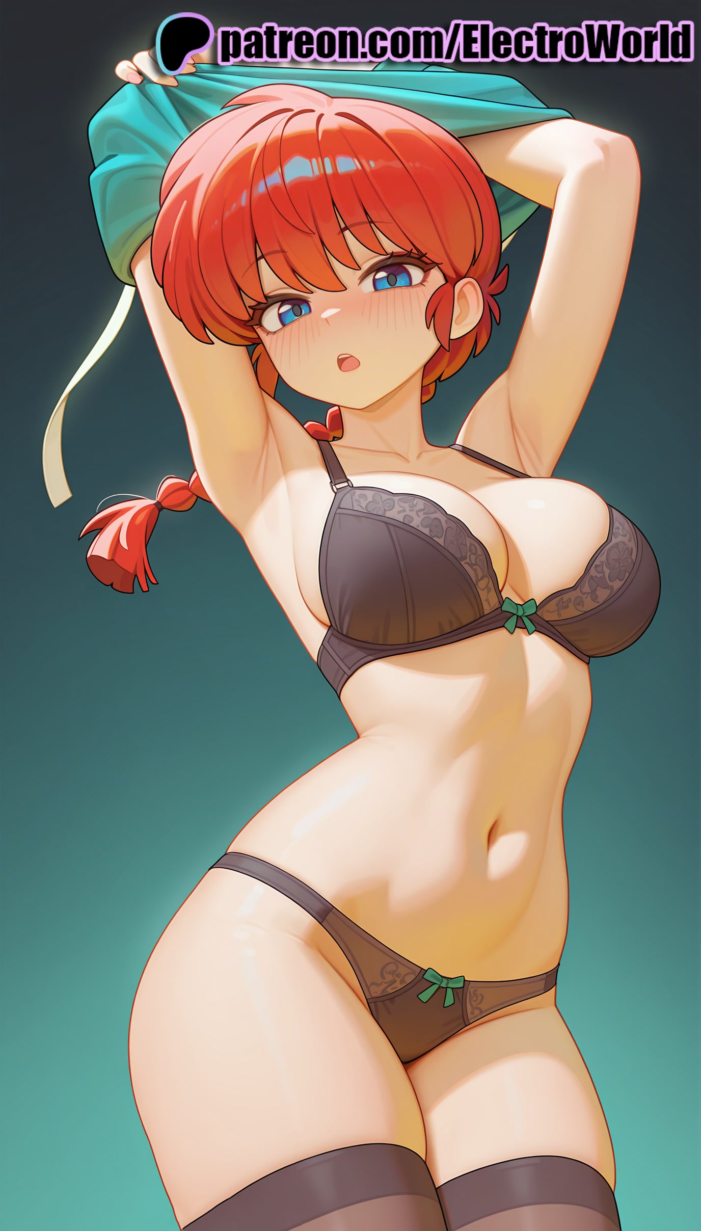 1girls, 2025, ai generated, armpits, artist name, black bra, blush, bra, braid, breasts, bust, chest, electroworld, female, gradient, gradient background, green background, hi res, high quality, high resolution, highres, navel, open mouth, panties, patreon, patreon username, ranma 1/2, ranma saotome, ranma-chan, red hair, single braid, solo, stable diffusion, thighhighs, underwear, watermark