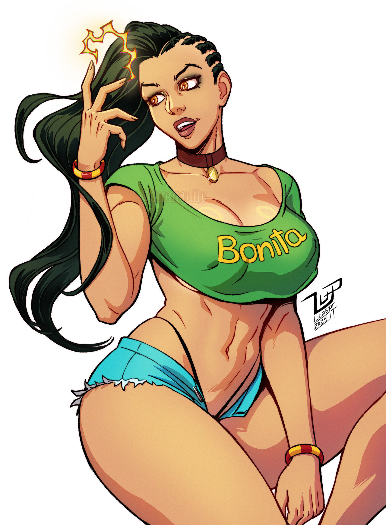alternate costume, asymmetrical hair, bangle, black clothes, black hair, black panties, black underwear, bracelet, breasts, brown eyes, choker, cleavage, clothing, covered erect nipples, crop top, cropped shirt, cutoffs, dark skin, dark-skinned female, denim, denim shorts, earrings, electricity, erect nipples under clothes, female, female only, green shirt, high resolution, highleg, highleg panties, jewelry, large breasts, laura matsuda, lips, lipstick, long hair, lucaspflp, makeup, midriff, nail polish, navel, no bra, official alternate costume, open fly, open mouth, pantsu, pendant, shirt, short shorts, shorts, smile, solo, street fighter, text on clothes, thick thighs, thighs, underwear, unzipped, wavy hair, zipper
